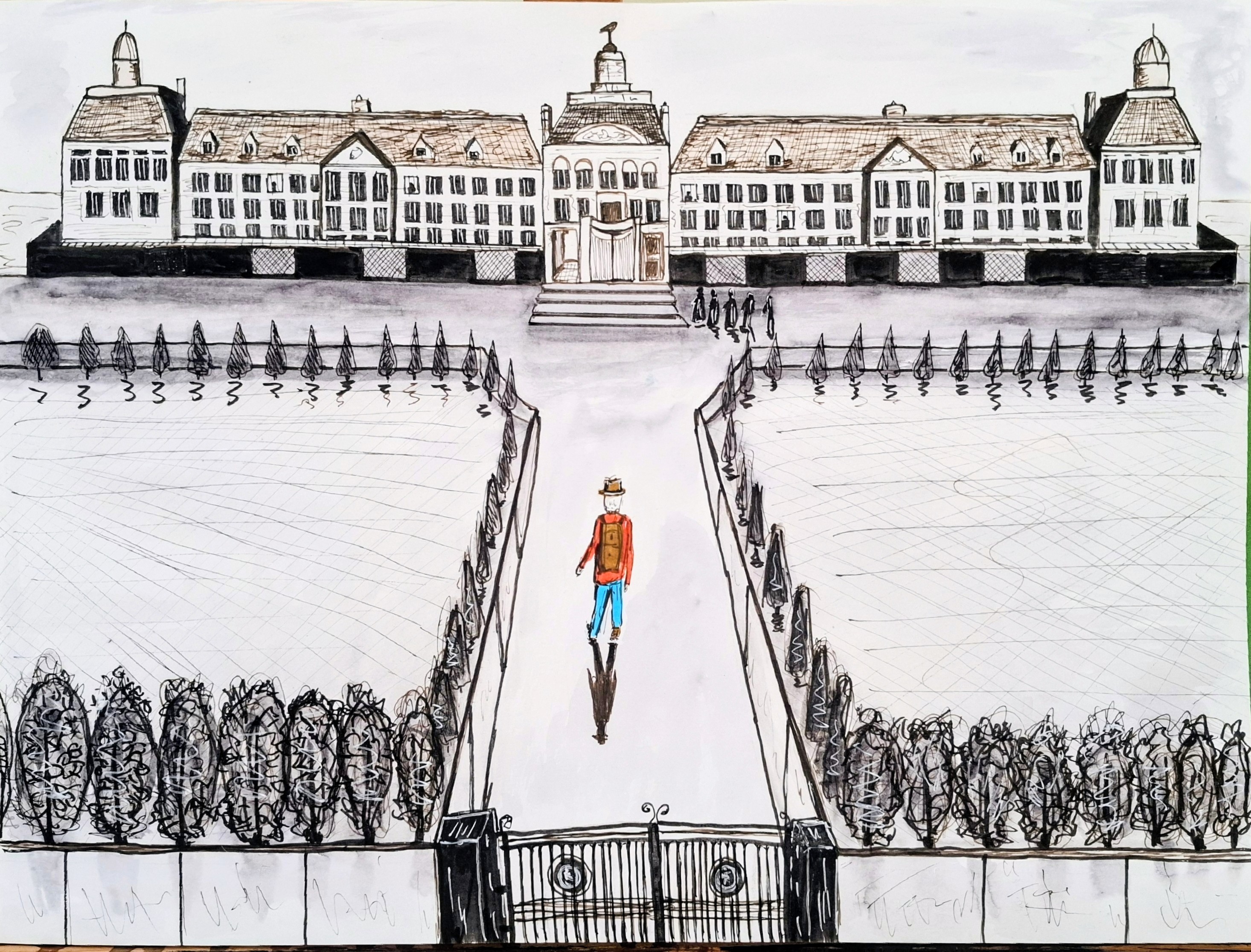 Know Where My Mind's At, an ink and watercolour drawing of a pilgrim walking a formal garden avenue toward Bedlam