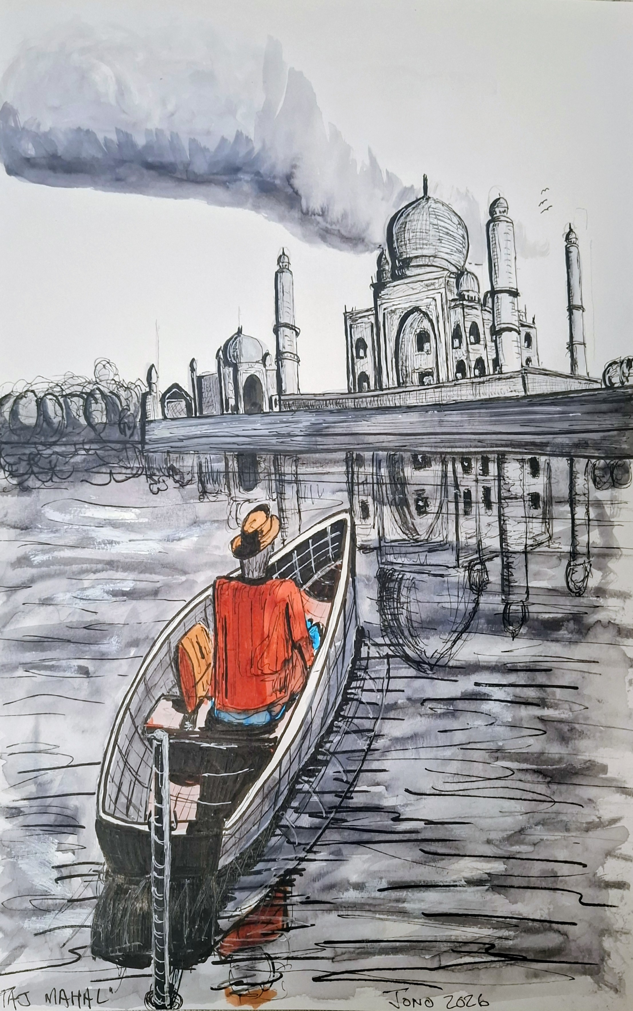 Taj Mahal, an ink and watercolour drawing of the pilgrim in a moored boat facing the mausoleum, the building doubled in the water