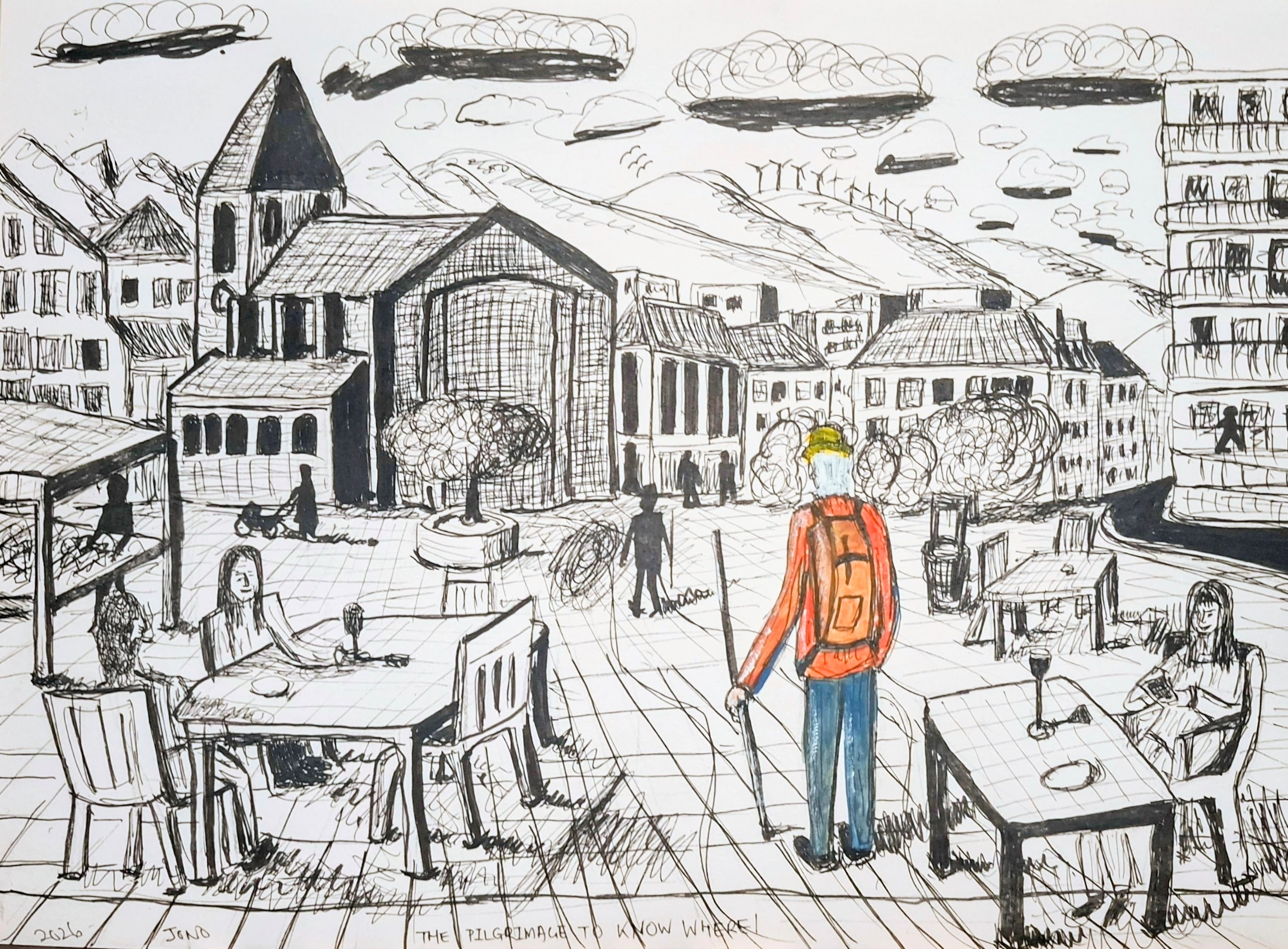 The Pilgrimage to Know Where, an ink and watercolour drawing of a pilgrim in a town square