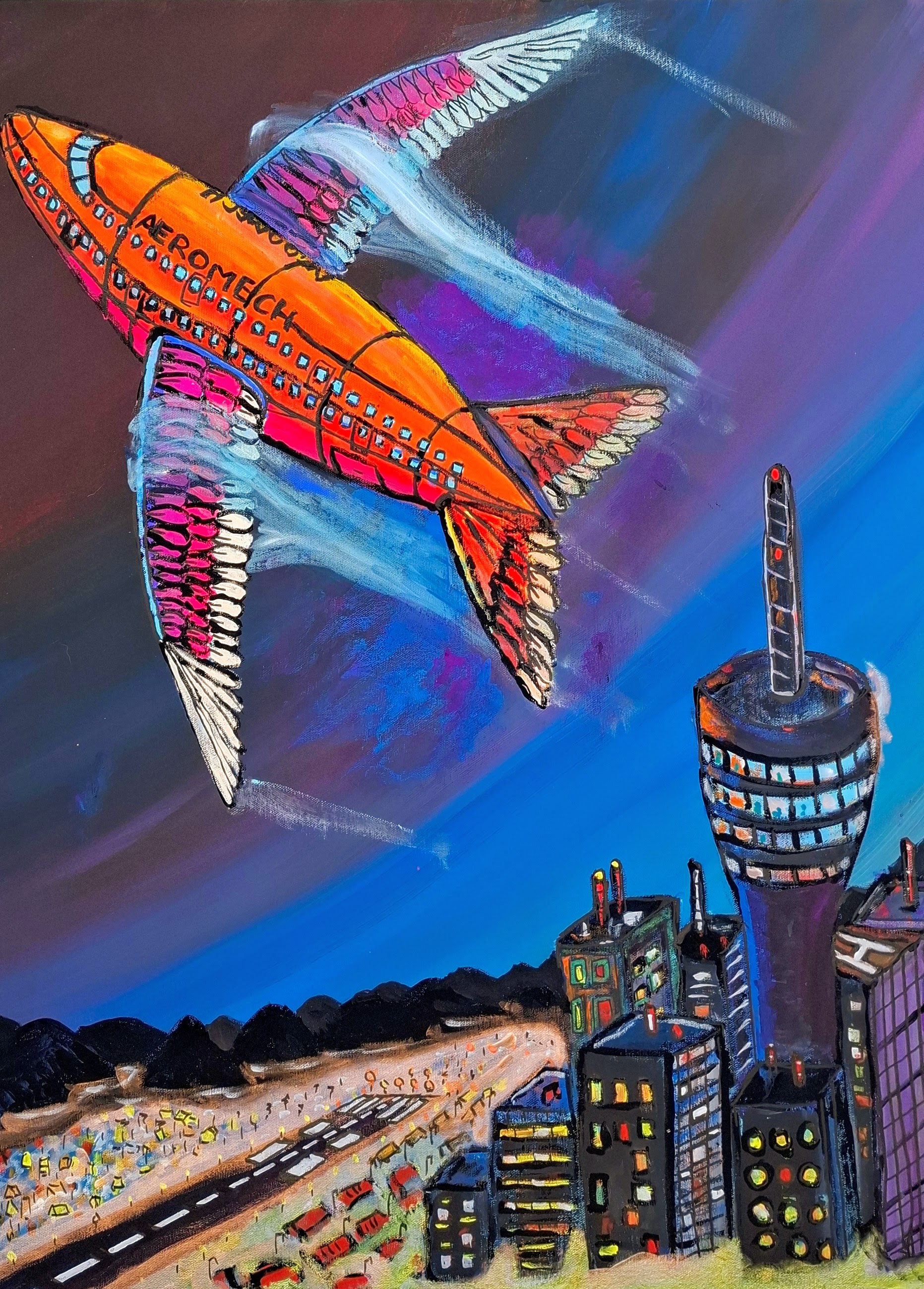 Aeromechanica Musculus, a cocoa-powered double-decker biomechanical airliner climbing away from Aeroville, a fogbound city set against dark mountains
