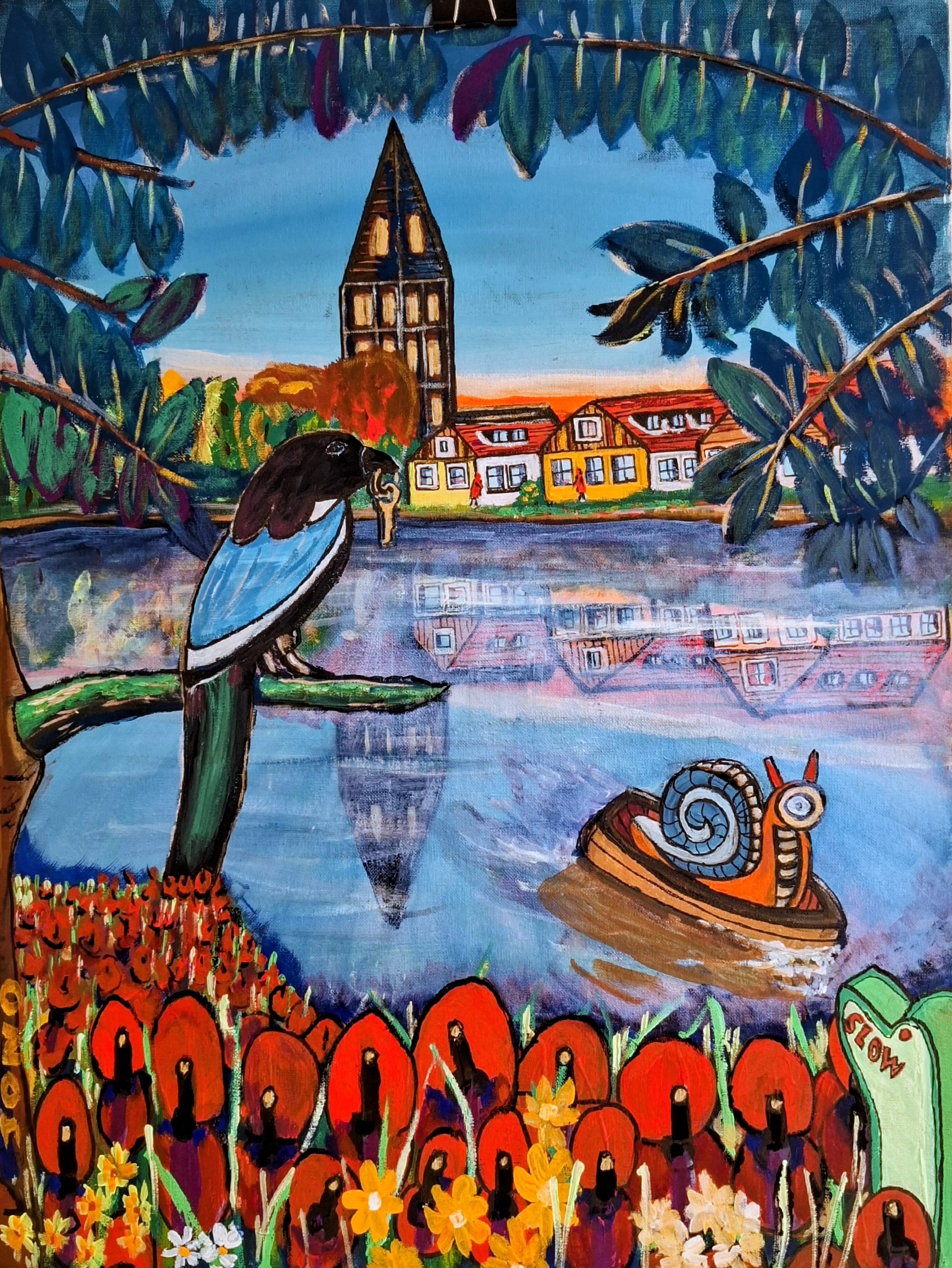 ES Cargo Rides Again, an acryla gouache painting of a magpie holding a key on a branch above a canal, a church spire and gabled houses reflected in the water, a snail out in a rowing boat and a bank of poppies with figures standing inside them