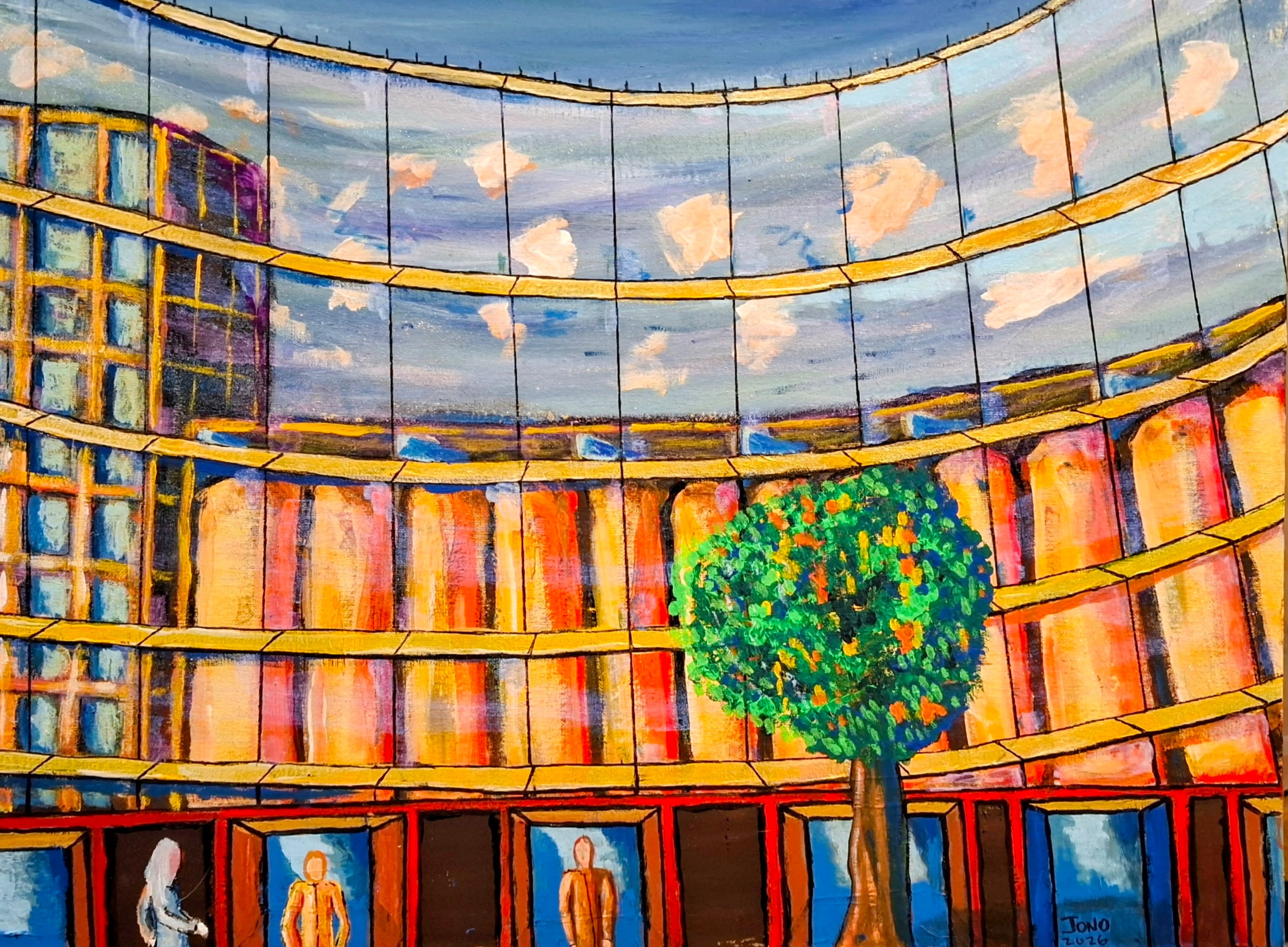 Siloed Reflections, an acryla gouache painting of the curved glass facade of the Zeitz MOCAA in Cape Town, the panes holding the sky, clouds and the ochre building opposite, with figures and a tree at street level