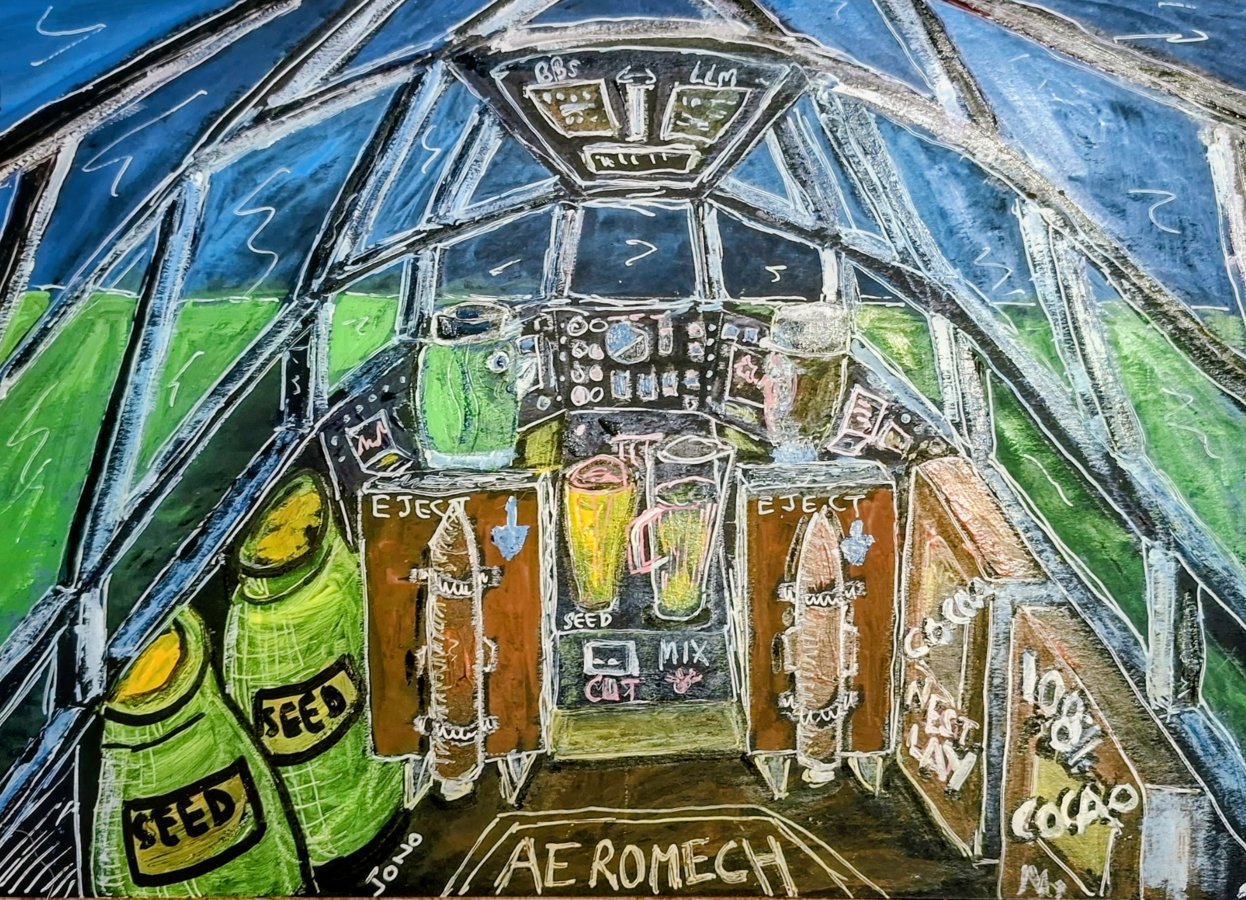 Aeromechanica Chocolatus Cockpit - watercolour and ink of the flight deck with seed sacks, cocoa reserves and eject levers