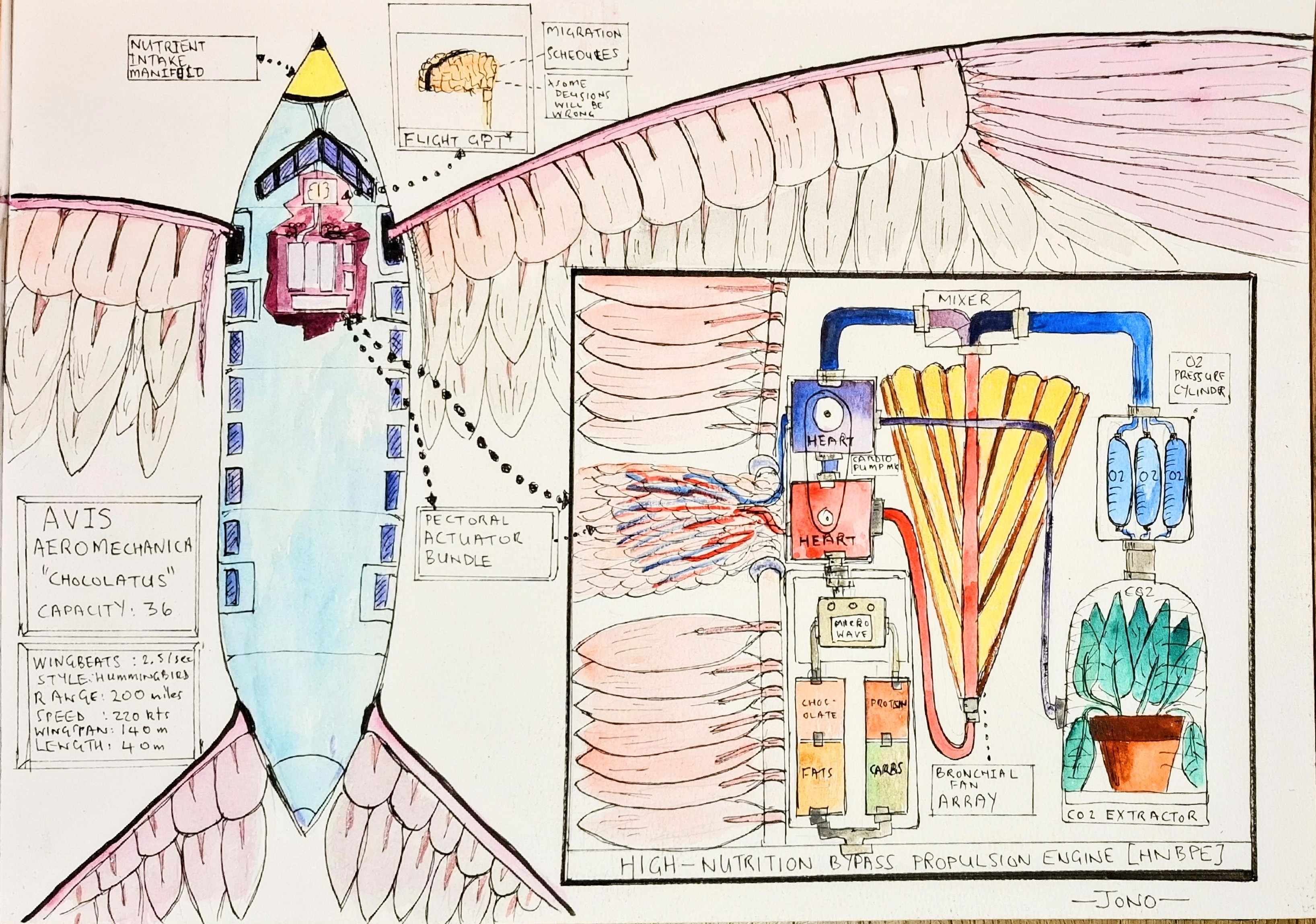 Aeromechanica top profile - watercolour blueprint of the Chocolatus with the high-nutrition bypass propulsion engine detailed