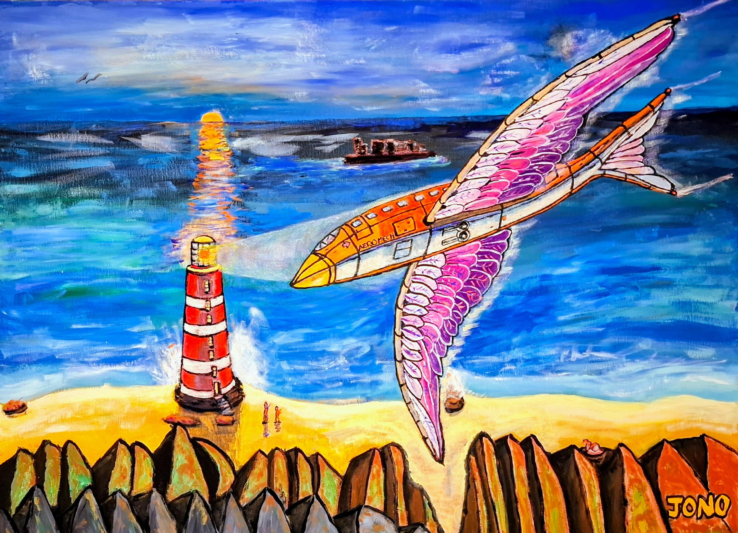 Avis Aeromechanica Chocolatus - acrylic painting of the cocoa-powered airliner passing a banded lighthouse at sunset