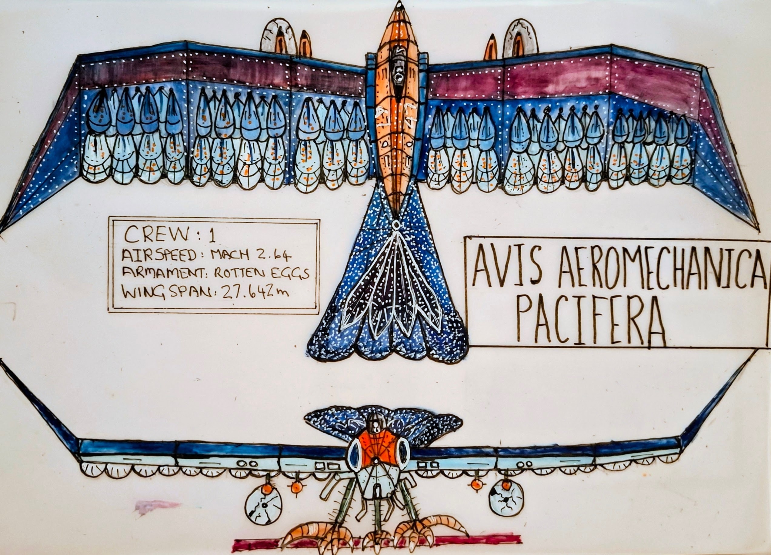Avis Aeromechanica Paciferus - watercolour of a swept gull-wing jet bird in plan and front elevation, with a data box