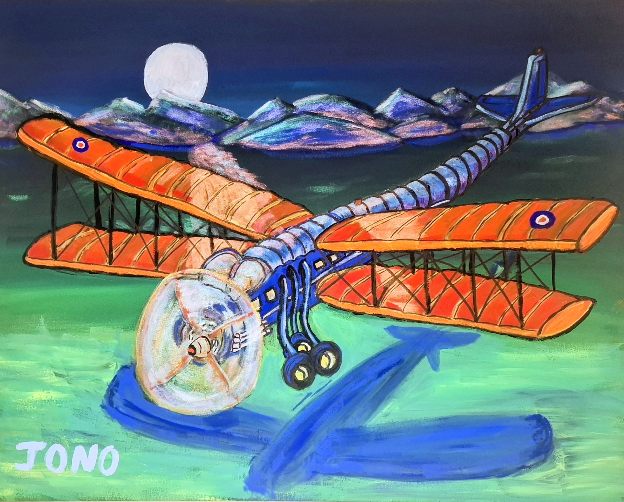 Libellula Aviatica - acrylic painting of a dragonfly given the airframe of a biplane, over water under a full moon