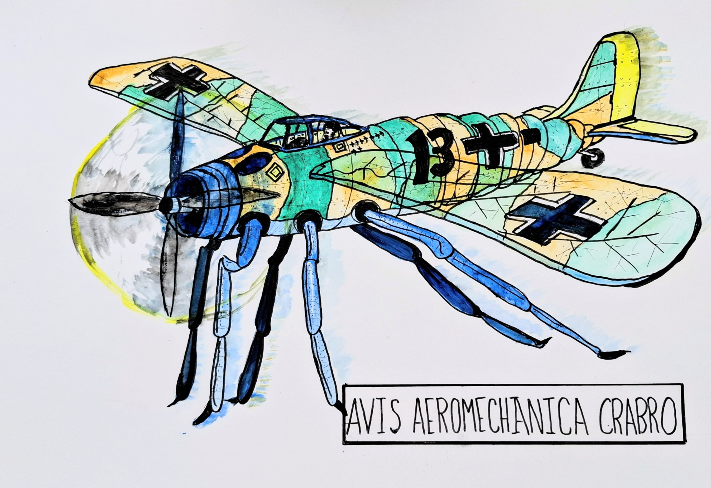 Vespa Aeromechanica Crabro - watercolour of a hornet built onto a Bf 109 nose with Luftwaffe markings