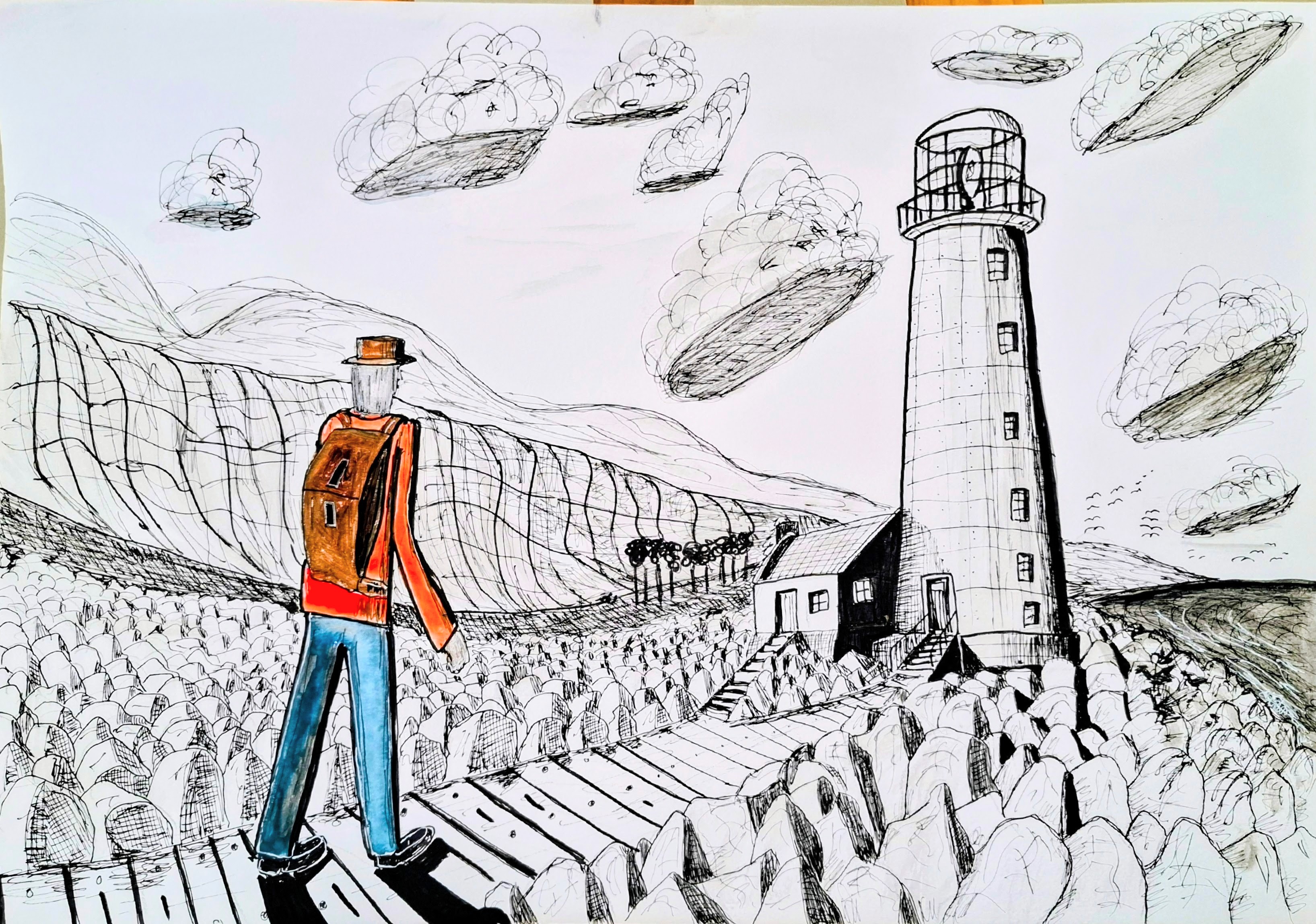 A Lighthouse to Know Where - ink and watercolour drawing of a pilgrim on a boardwalk crossing stones toward a lighthouse
