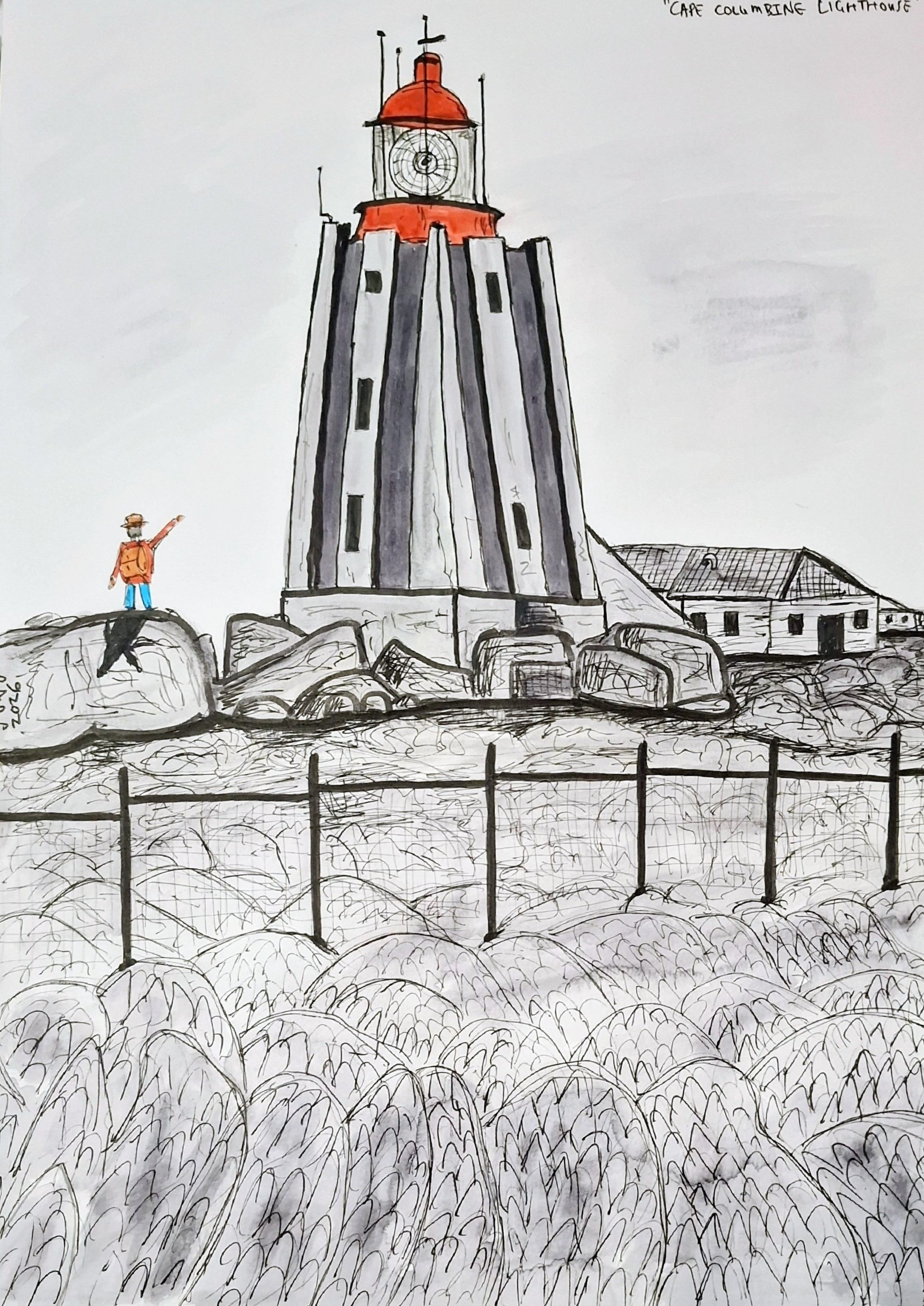 Cape Columbine Lighthouse - ink and watercolour drawing of the fluted tower on the granite at Paternoster, a walker on the rocks with his arm raised