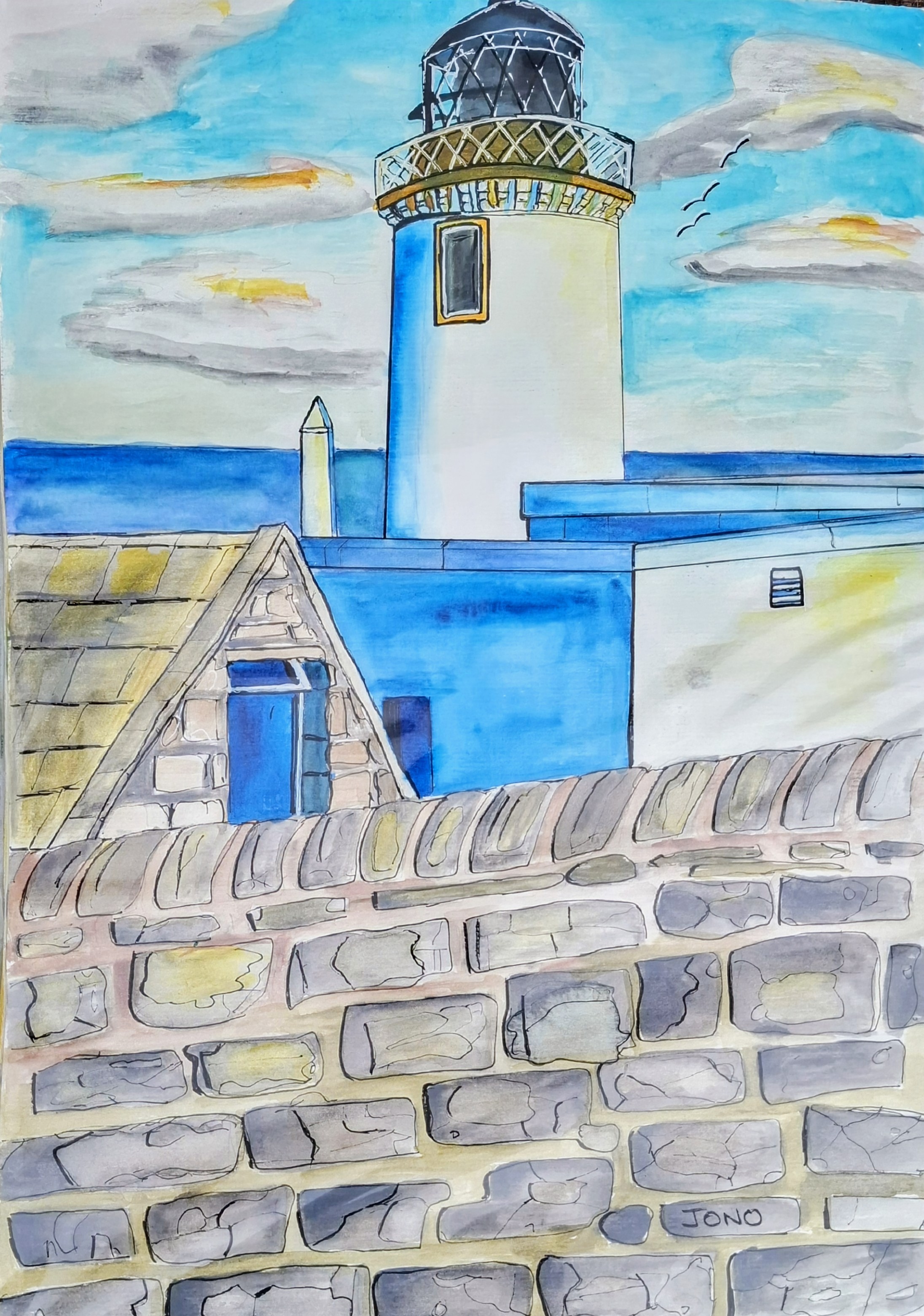 Dunnet Head Lighthouse - watercolour of the Caithness light behind a drystone wall