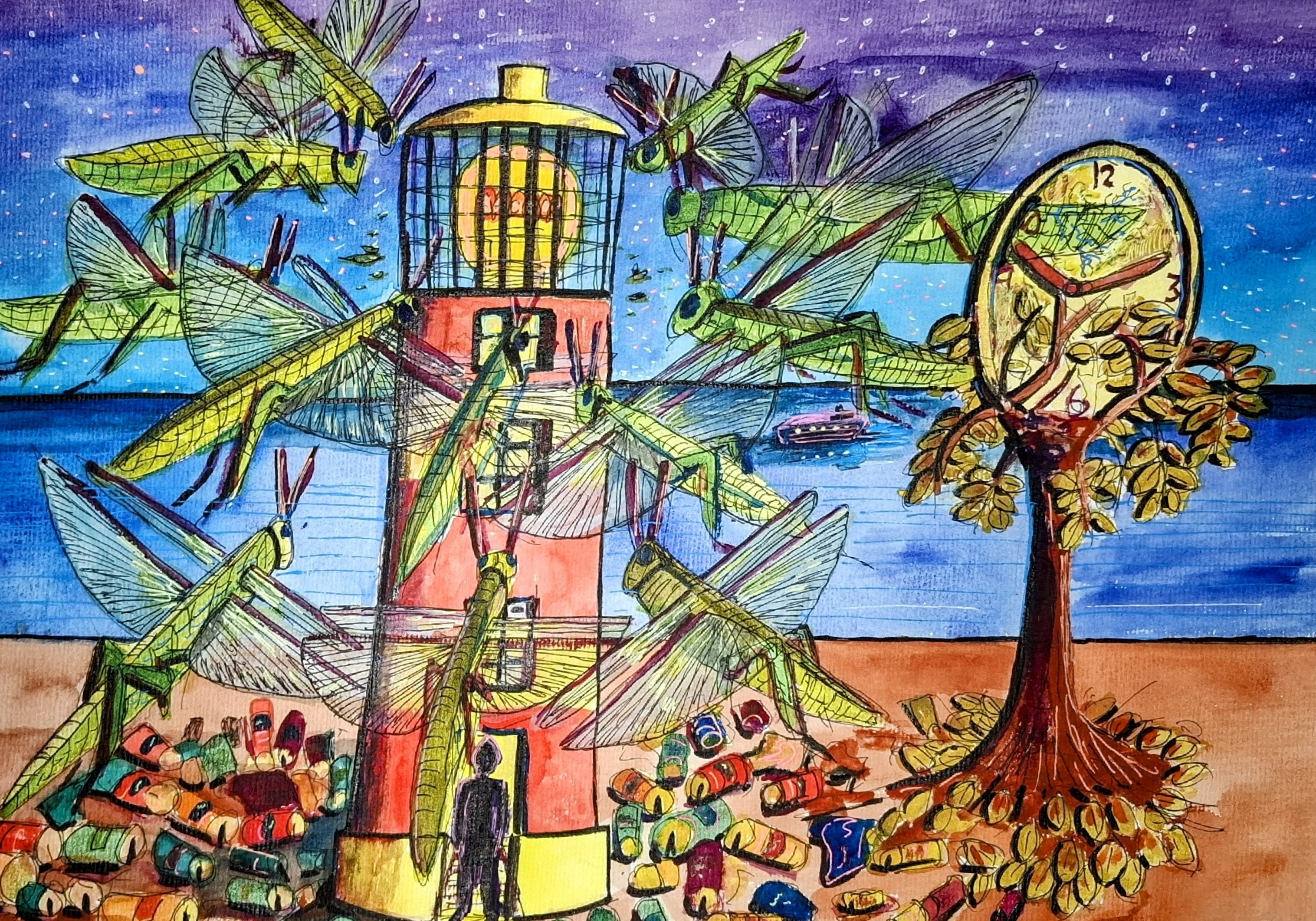 Light Attraction - watercolour of grasshoppers swarming a lit lighthouse at night