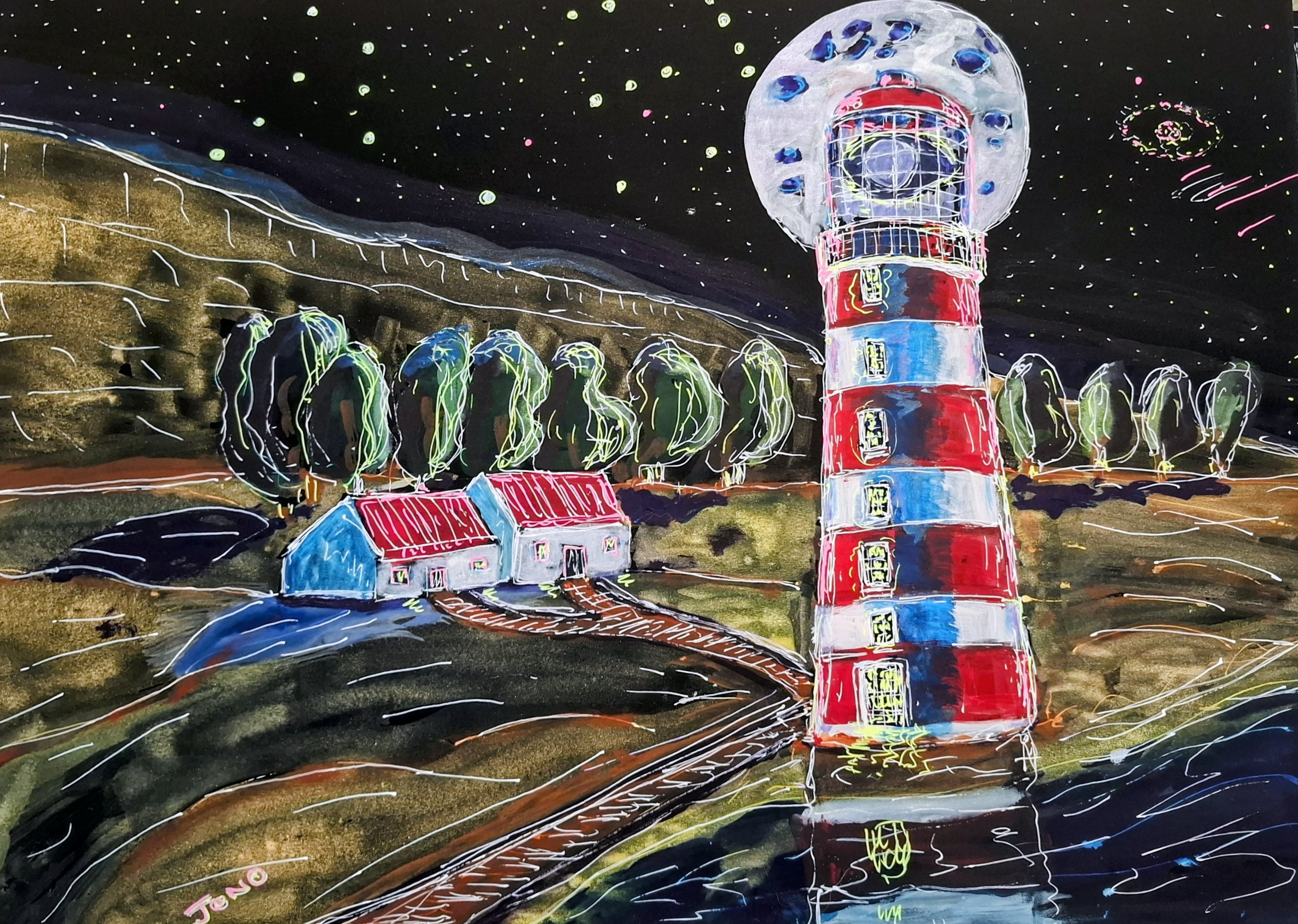 LightHouse - watercolour of a banded lighthouse and keeper's cottages at night, the full moon behind the lamp