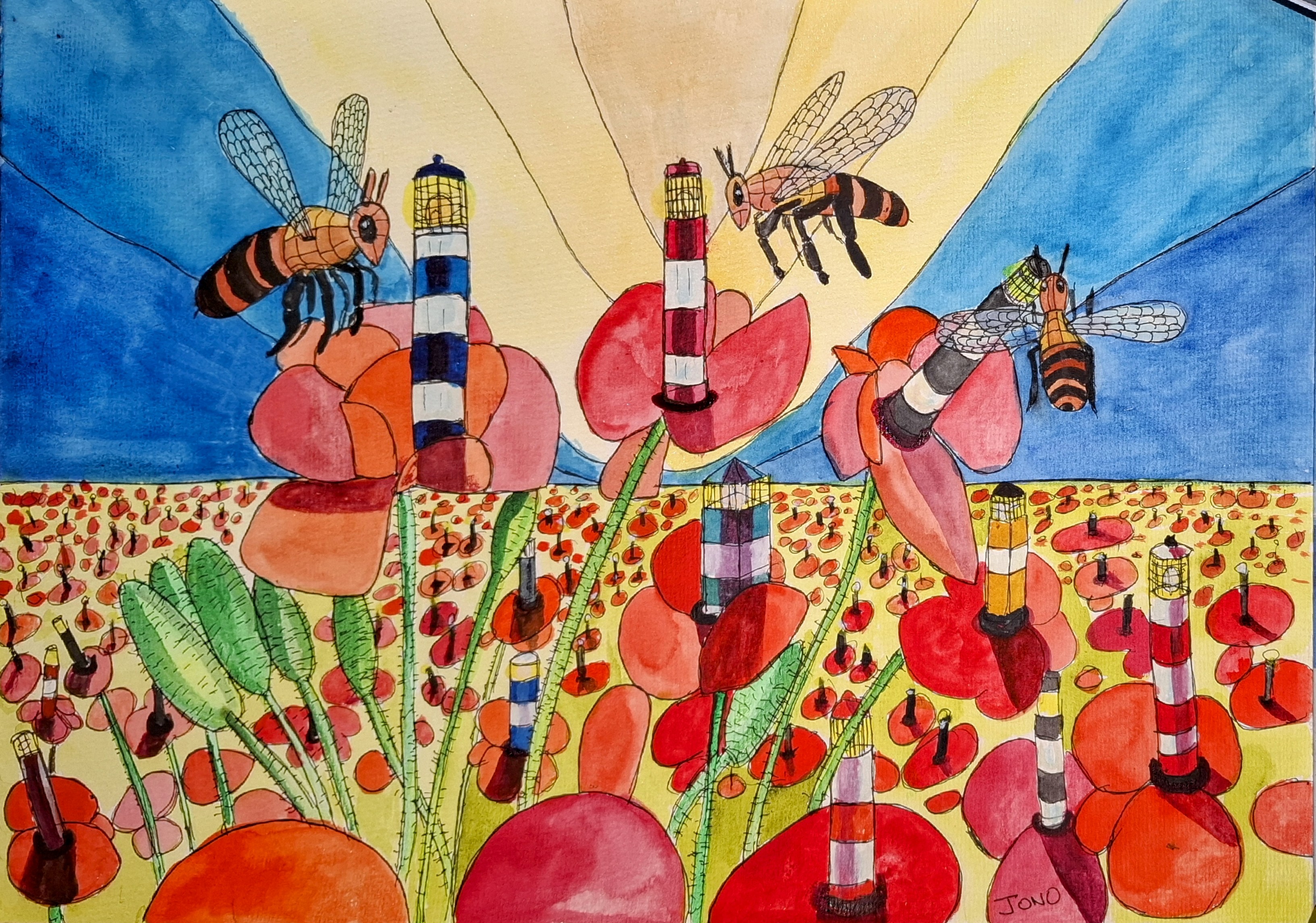 Pollinating Light - watercolour of a poppy field where each flower carries a lighthouse, worked by bees
