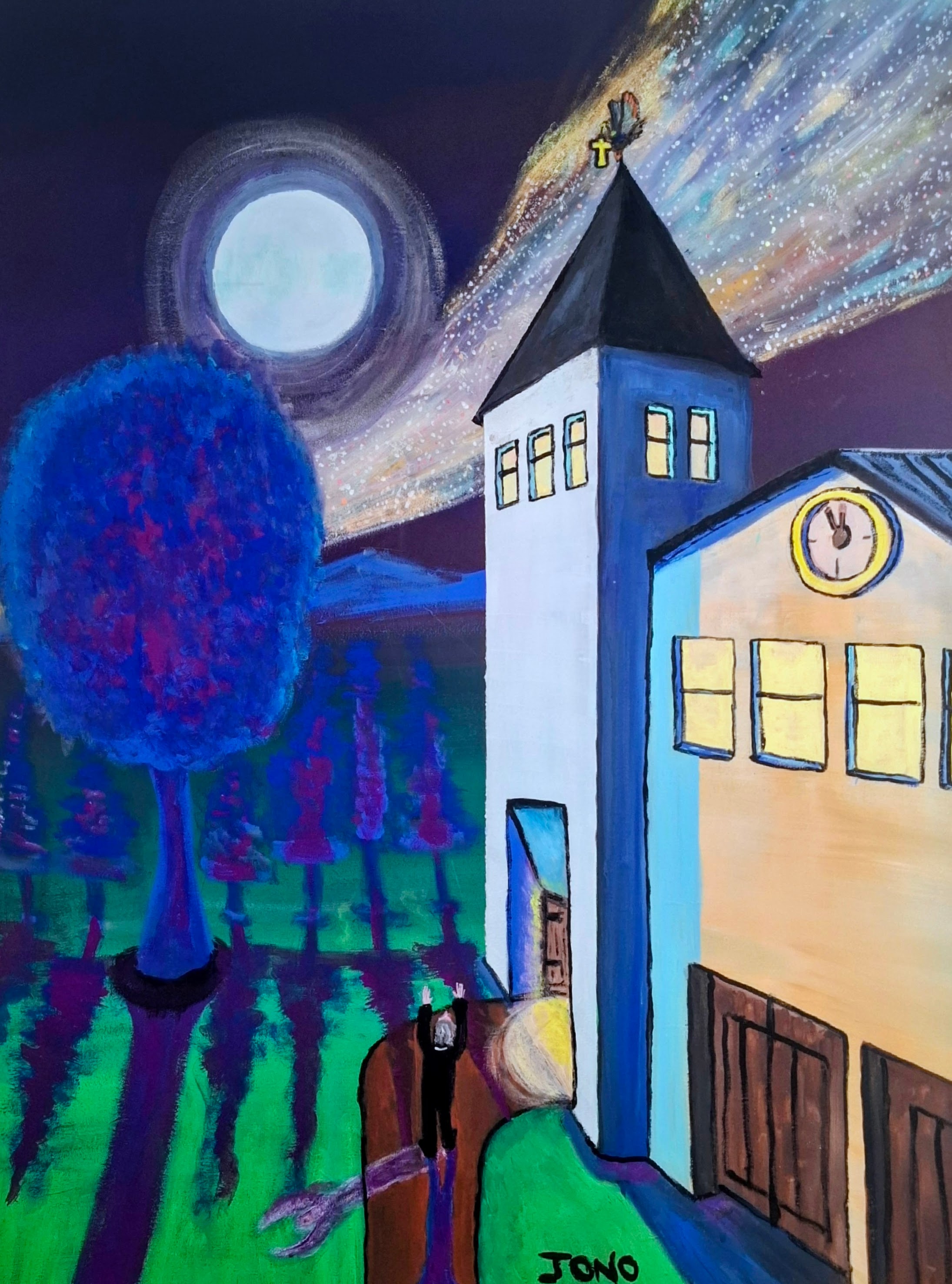 A Starling's Reformation at Five to Midnight - acrylic painting of a village kerk at night, a man on the path with his arms raised and a starling on the cross at the top of the spire