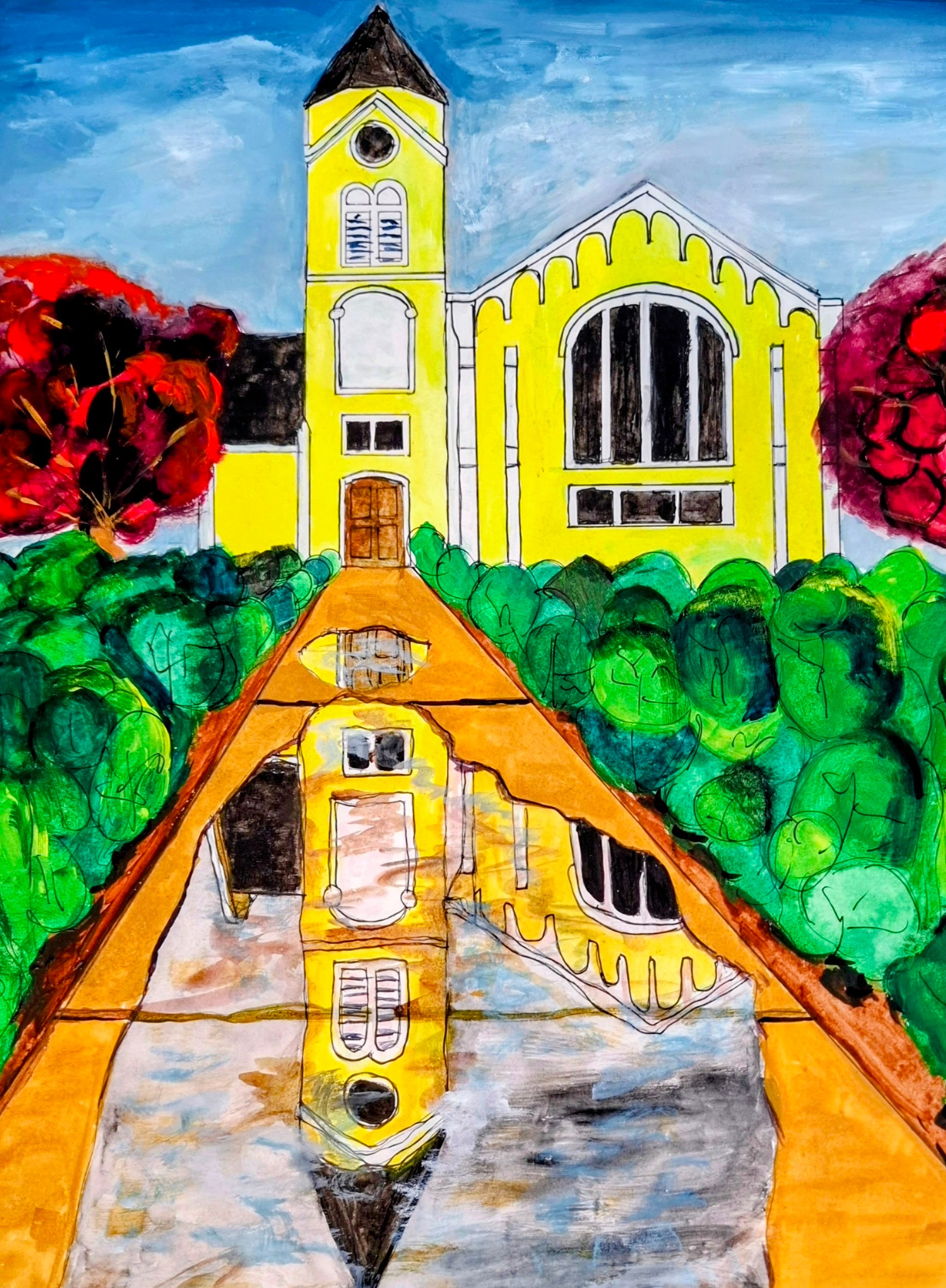 McGregor NG Kerk - watercolour of the yellow village church with its clock tower, an orange path to the door and the whole building doubled in water