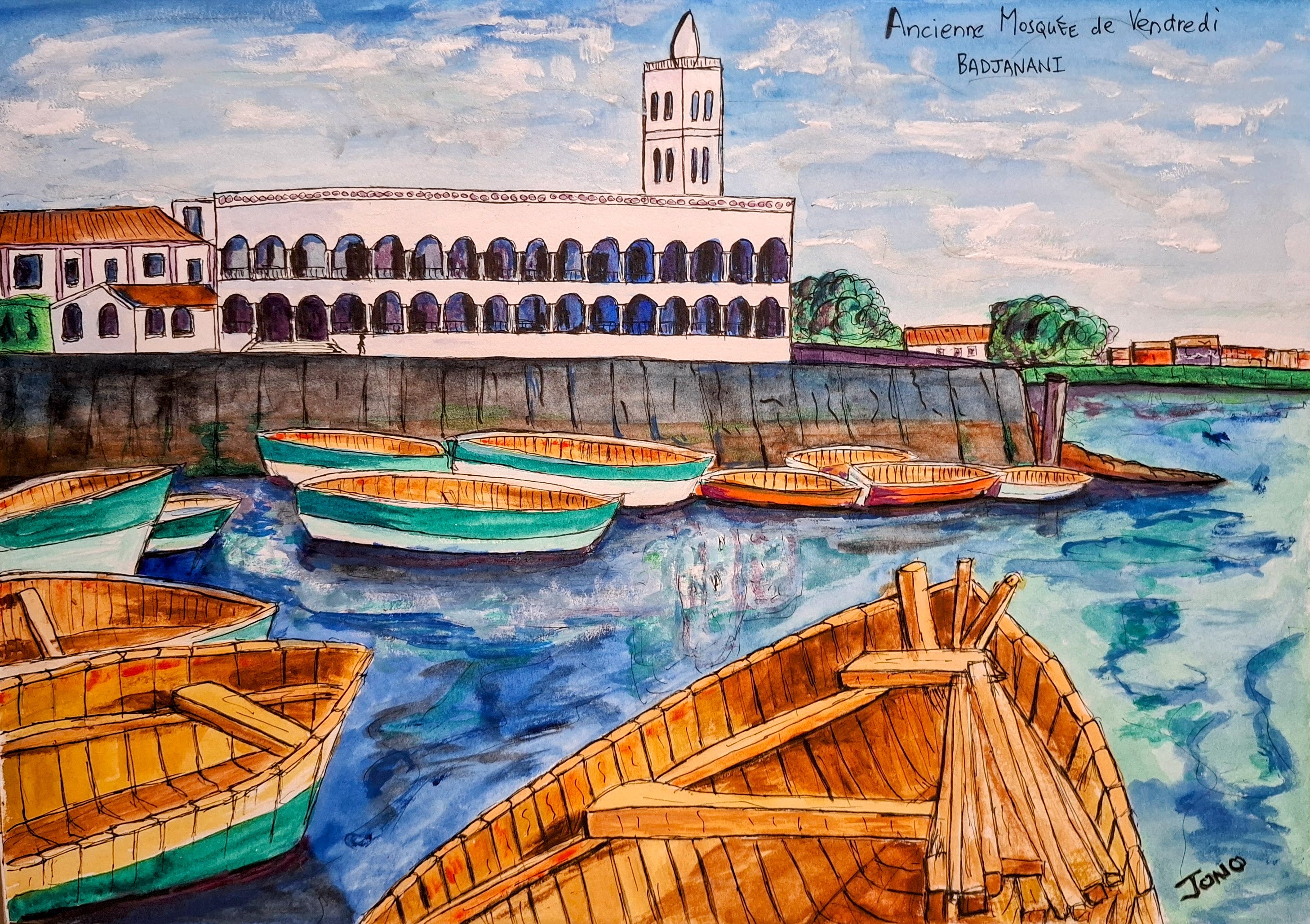 Ancienne Mosquée du Vendredi Badjanani - watercolour of the Moroni grand mosque seen across a harbour full of wooden boats