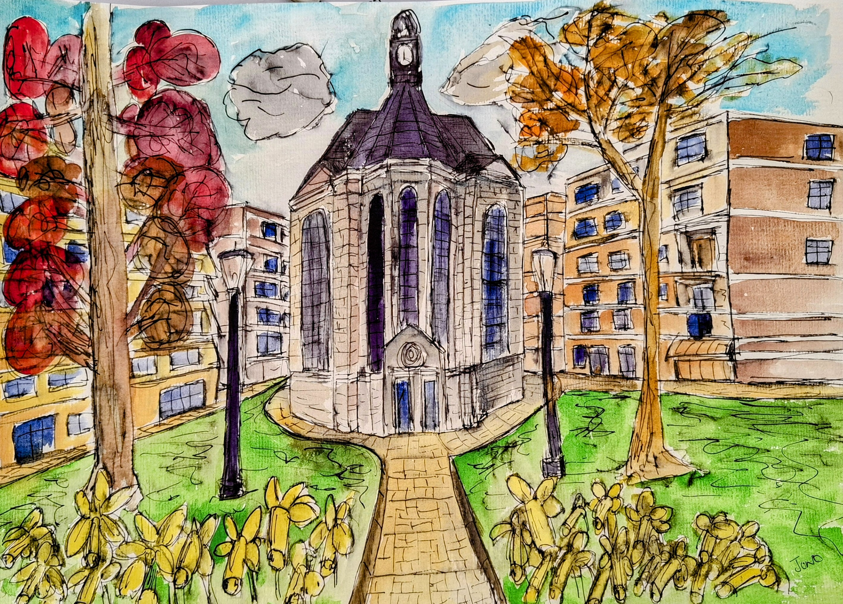 The Hague, Nieuwe Kerk - watercolour of the octagonal church hemmed in by flats, a path curving to its door through daffodils
