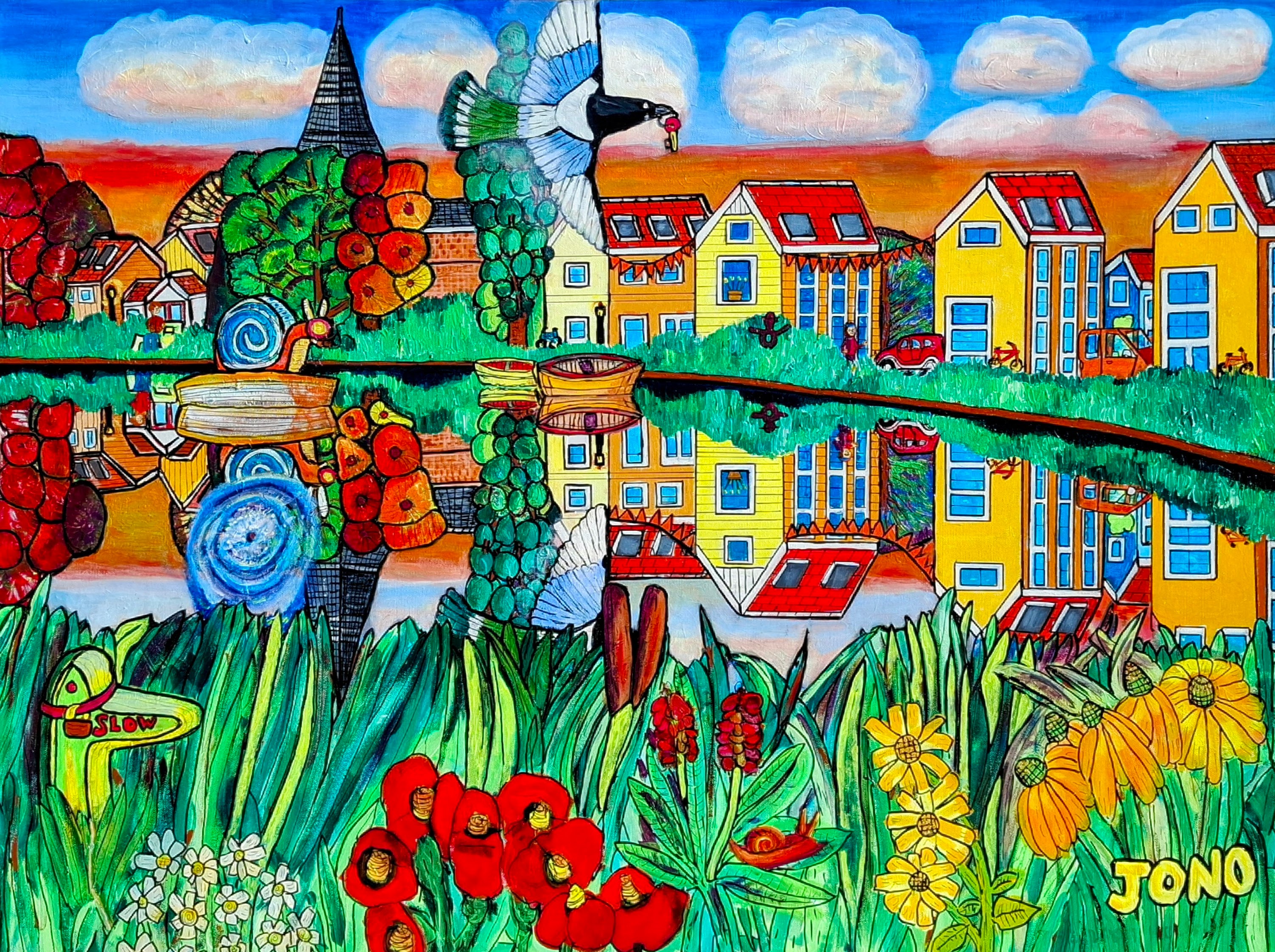 The Last Holiday, Amsterdam - acrylic painting with the spire of the Sint-Augustinuskerk standing over the Grote Die