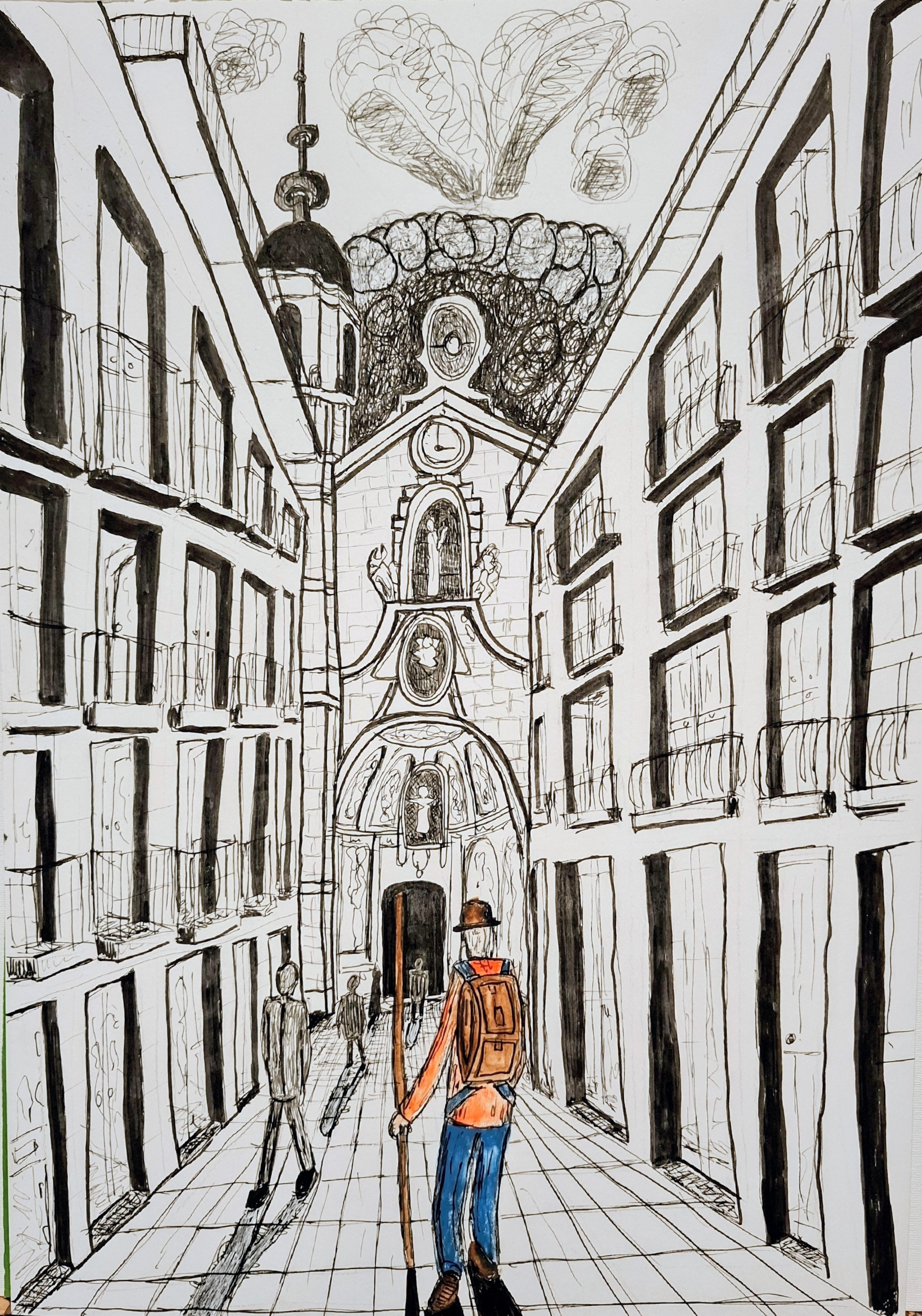 The Pilgrimage to Know Where Too - ink and watercolour drawing of a narrow street running straight to a cathedral door