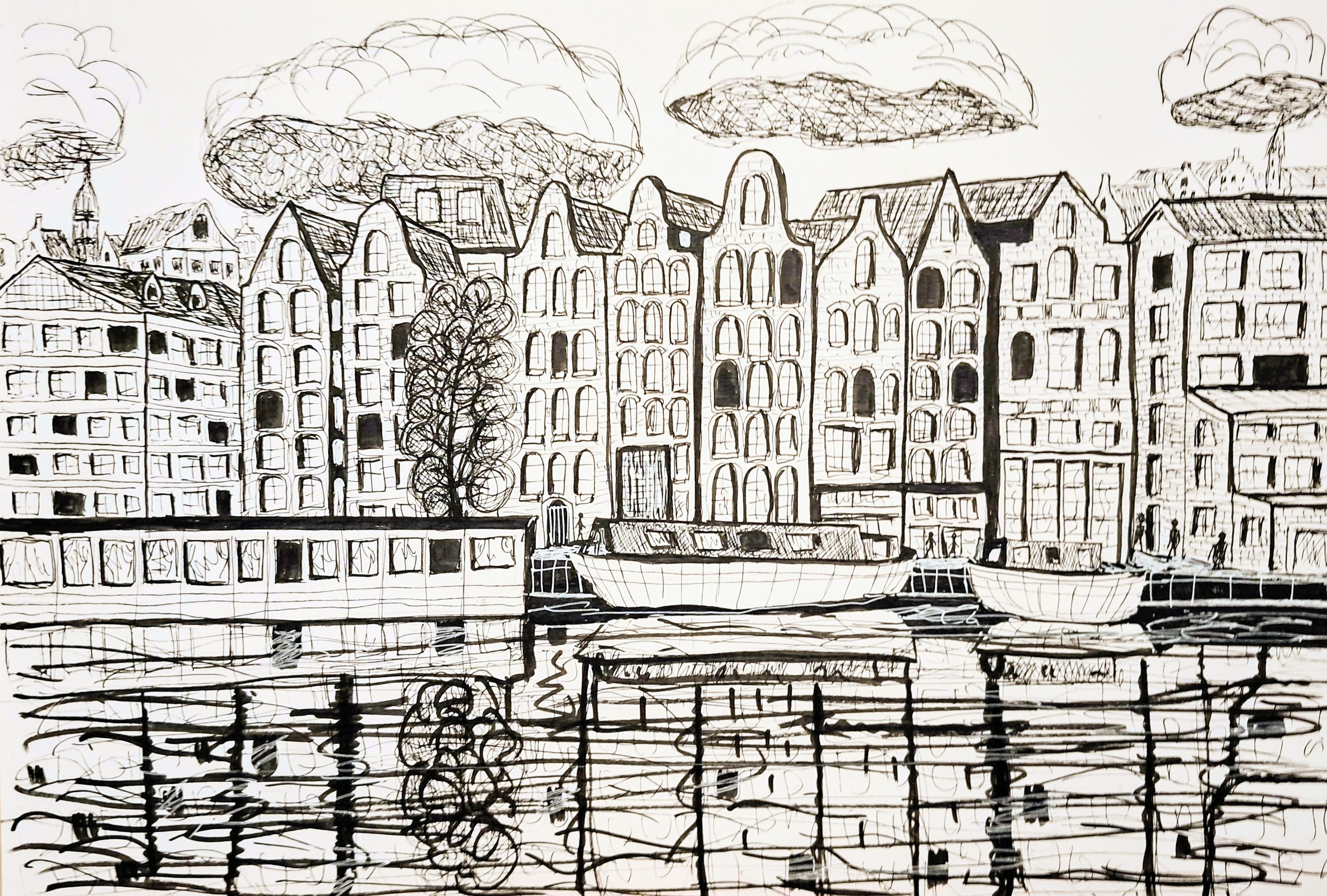 Amsterdam - ink drawing of gabled canal houses and moored boats broken up in their own reflection