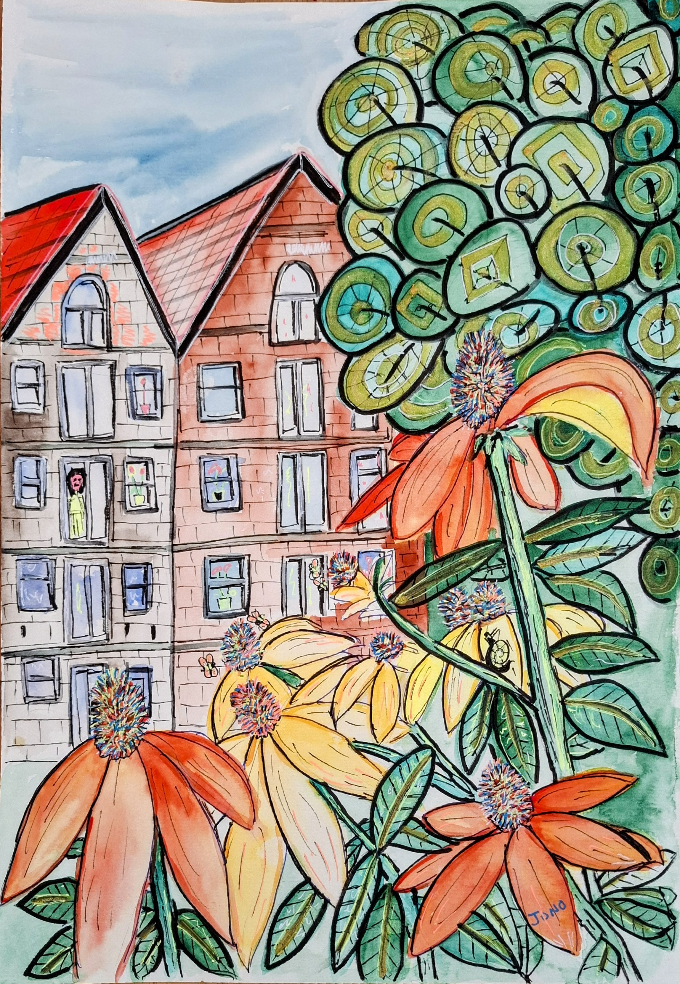 Amsterdam - watercolour of canal houses behind a foreground of oversized coneflowers
