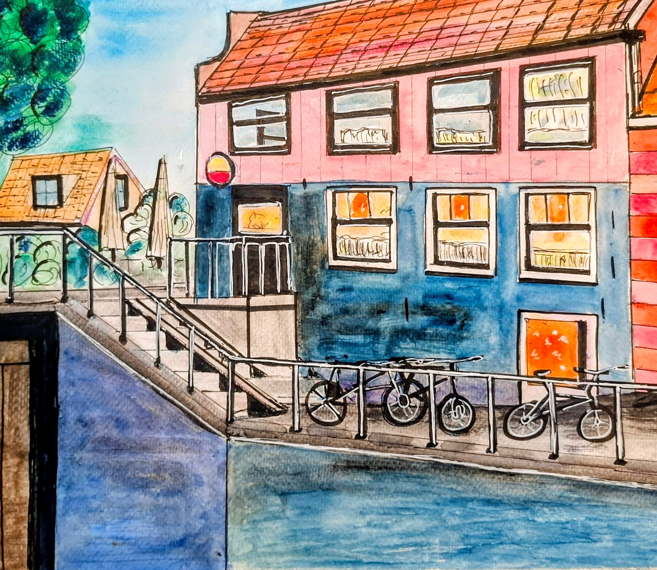 Cafe 't Sluisje - watercolour of a canal cafe in Amsterdam Noord with bicycles racked along the water