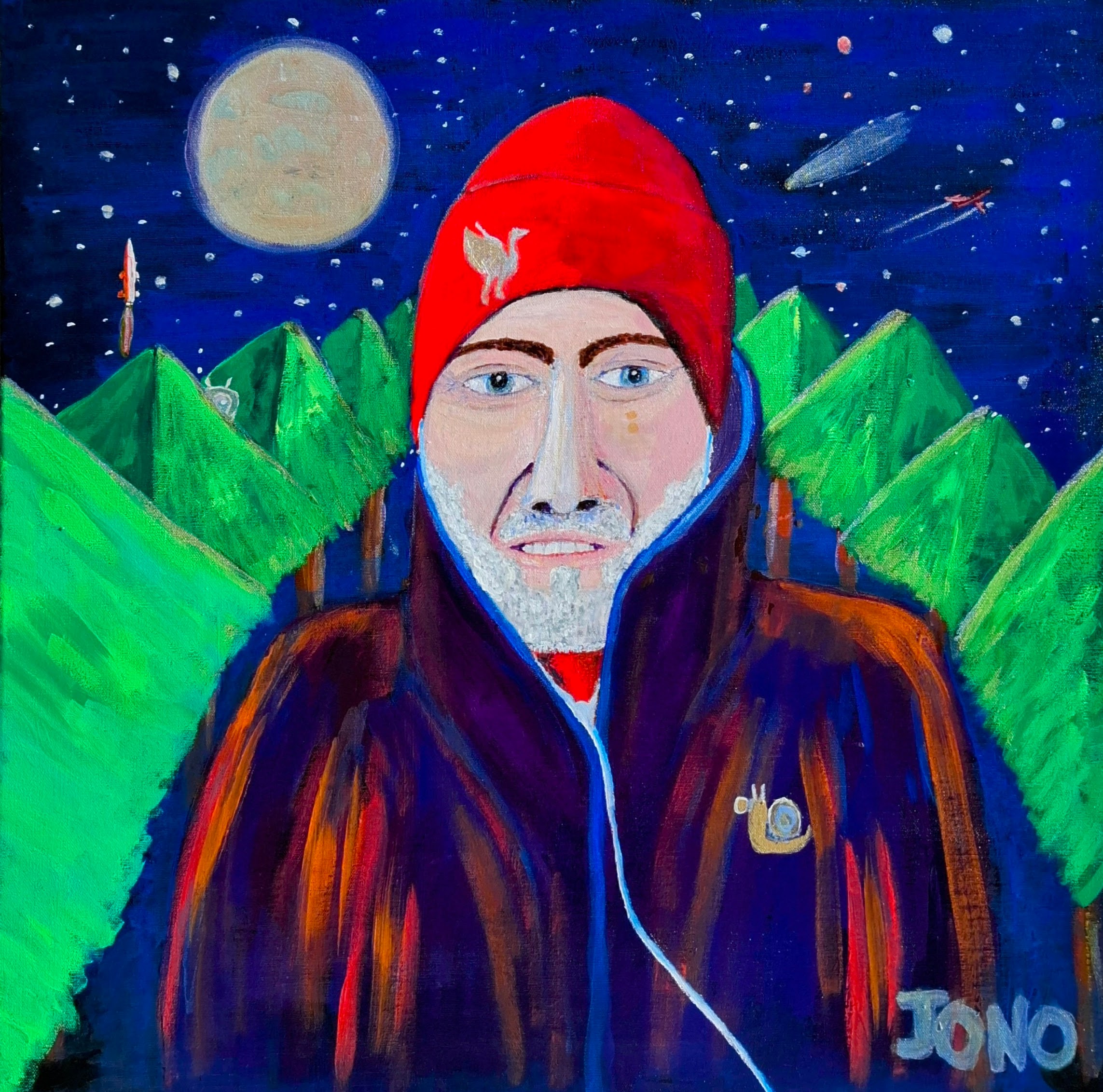 Catching the Cold in Amsterdam - acrylic self-portrait in a red beanie under a moon, stars and a rocket