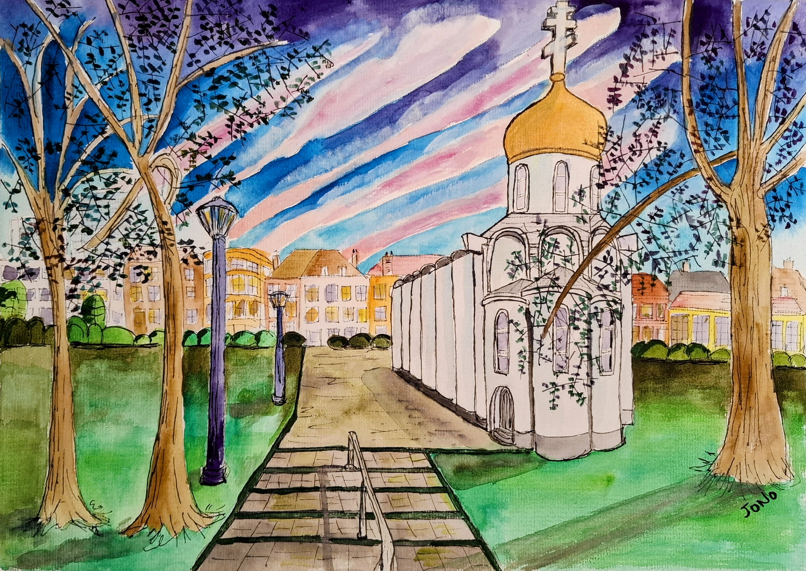 Rotterdam - watercolour of the Orthodox Church of Saint Alexander Nevsky, its gold onion dome standing among bare trees