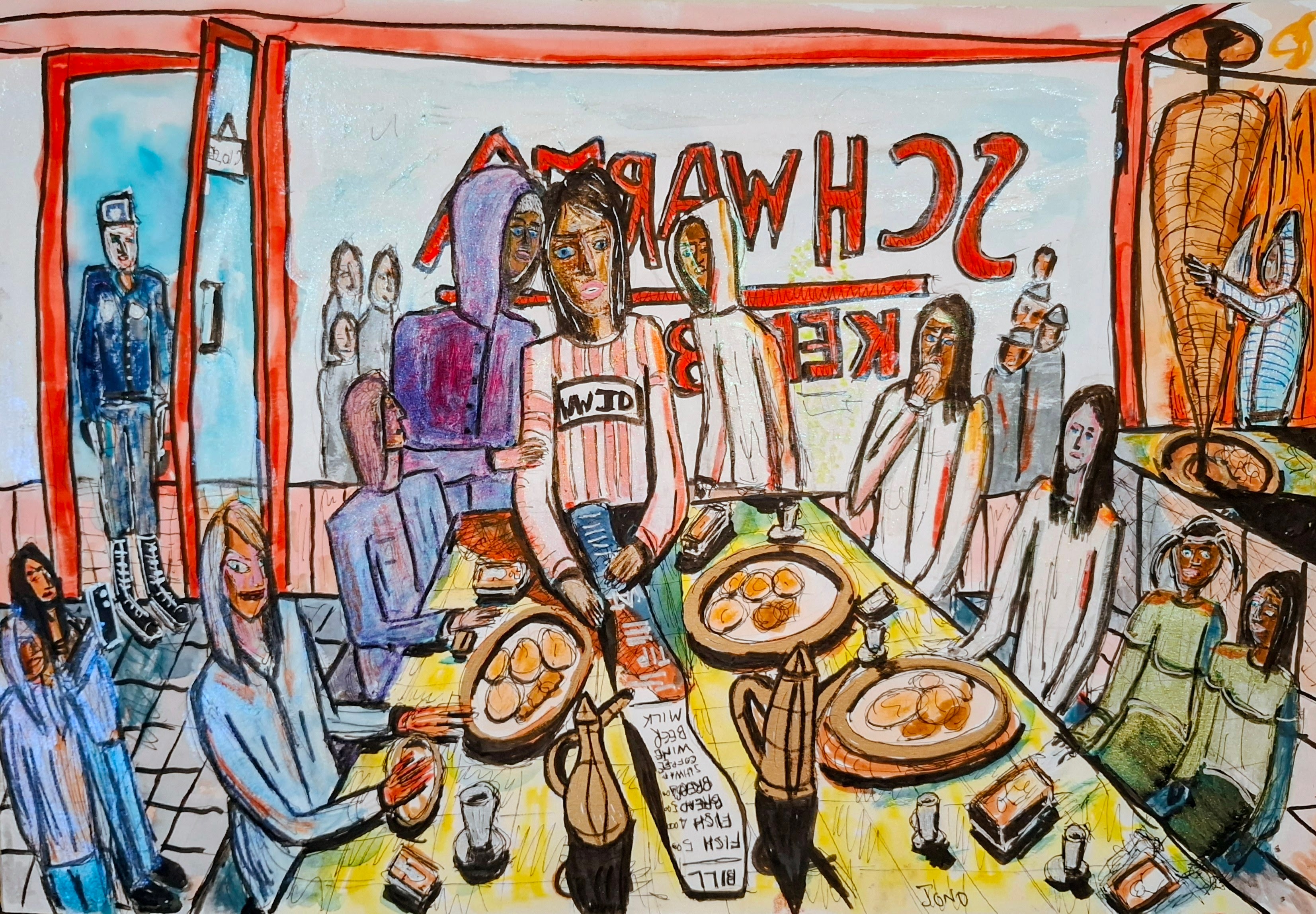 The Reckoning 2 - watercolour of a shawarma shop seen in mirror image, the bill lying on the table among plates of bread while the diners carry on eating