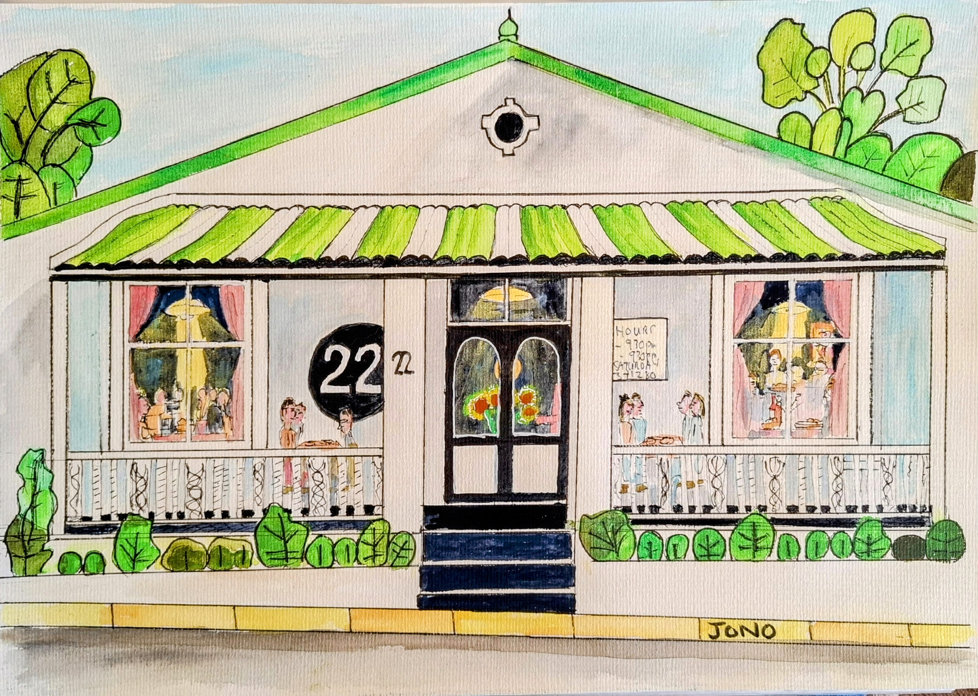 22 on Church - watercolour of a Montagu restaurant at night with diners visible through the windows