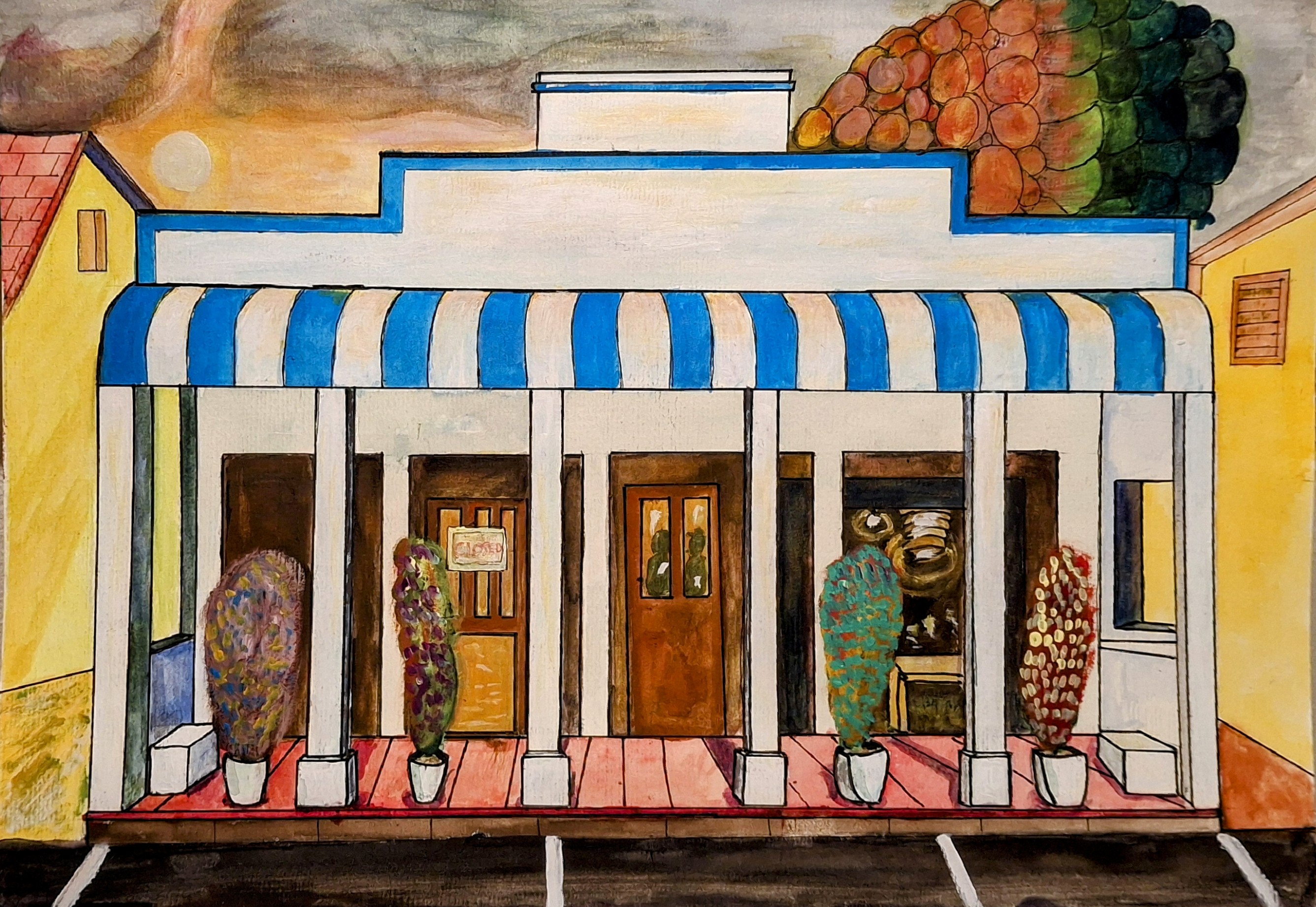 McGregor - watercolour of a shopfront with a blue and white striped verandah and potted plants on a red stoep