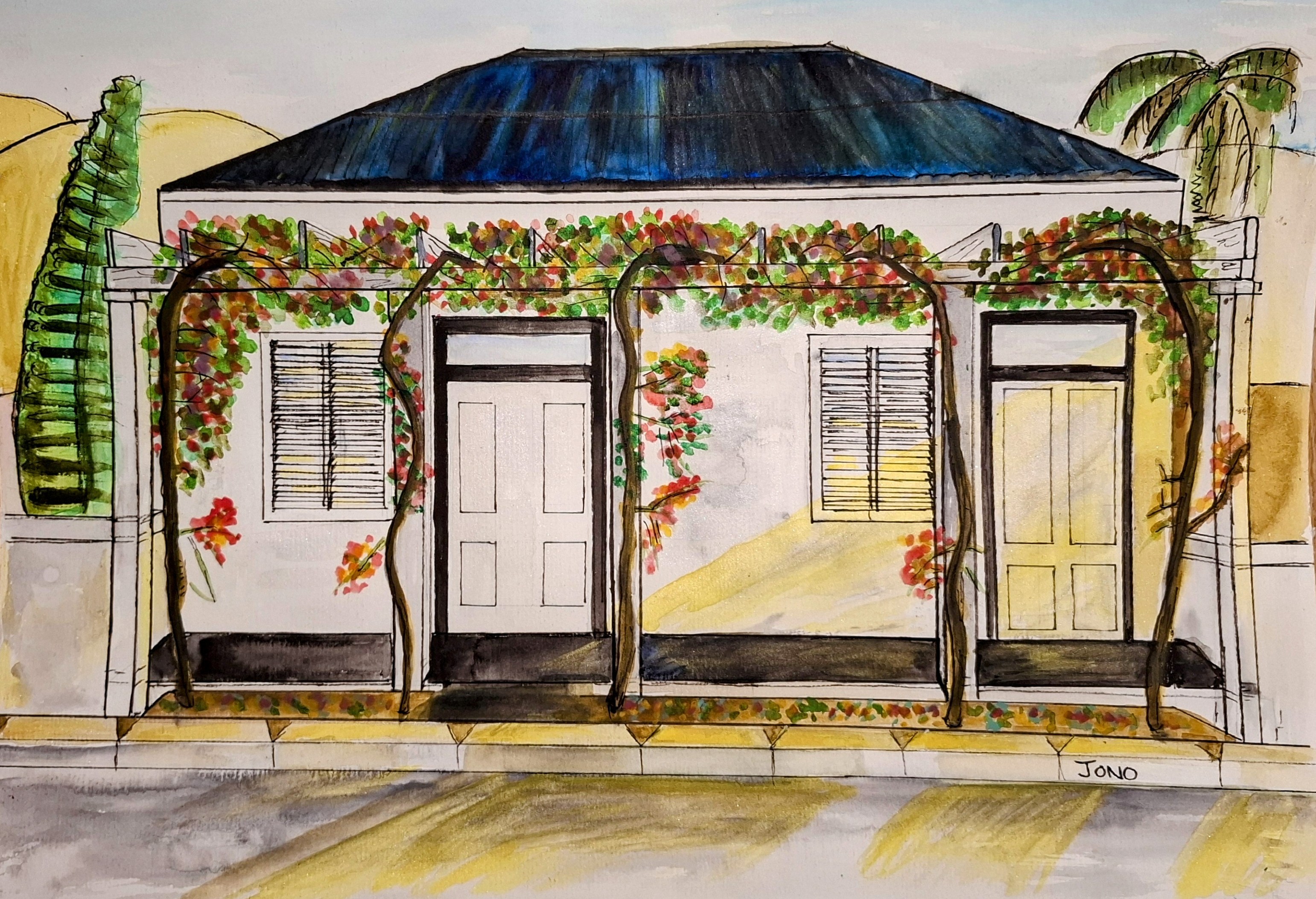 Montagu - watercolour of a whitewashed cottage front under a dark roof with bougainvillea on the verandah frame