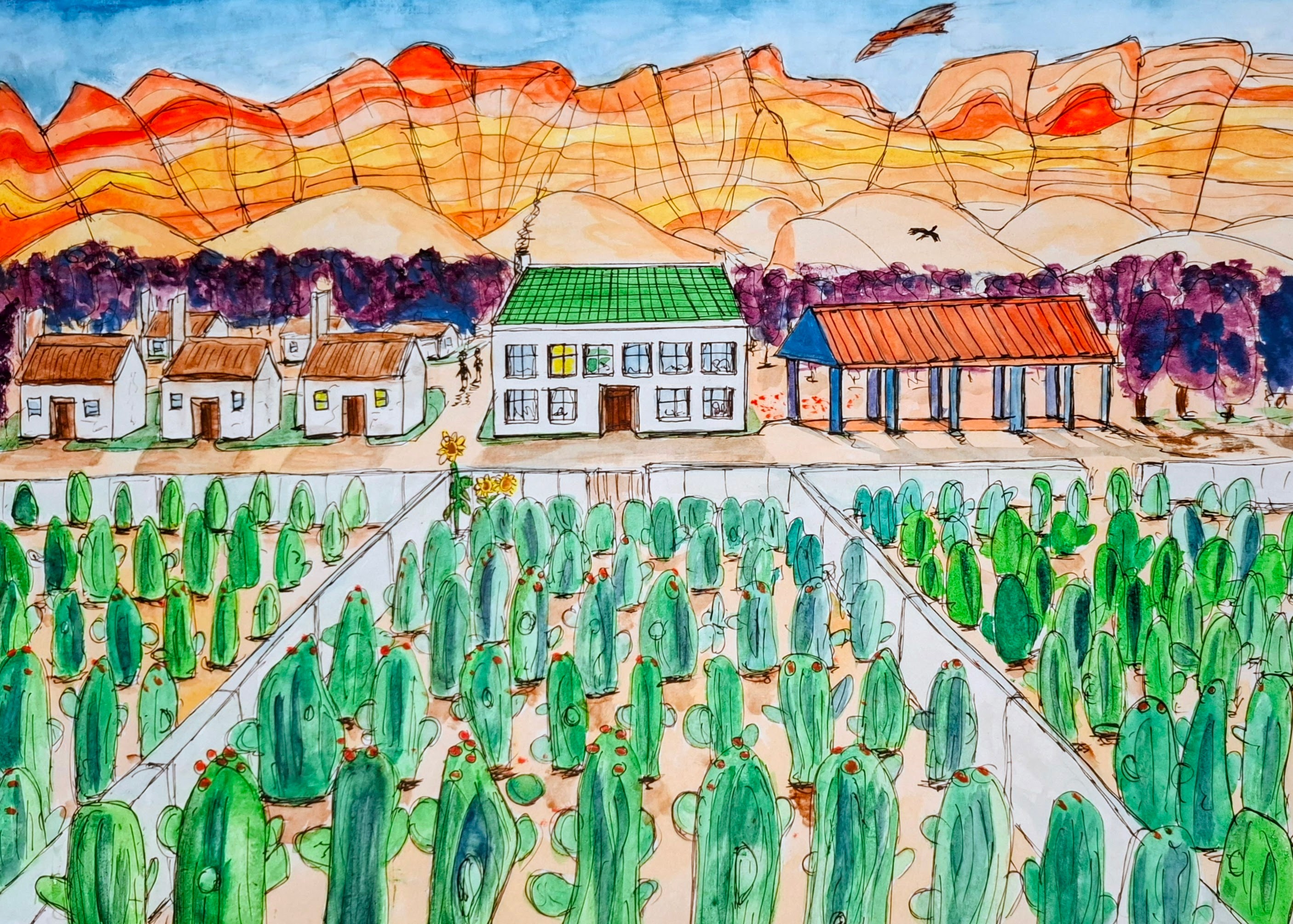 R62 Prickly Pear Farm - watercolour of a farmstead above ranked rows of prickly pear