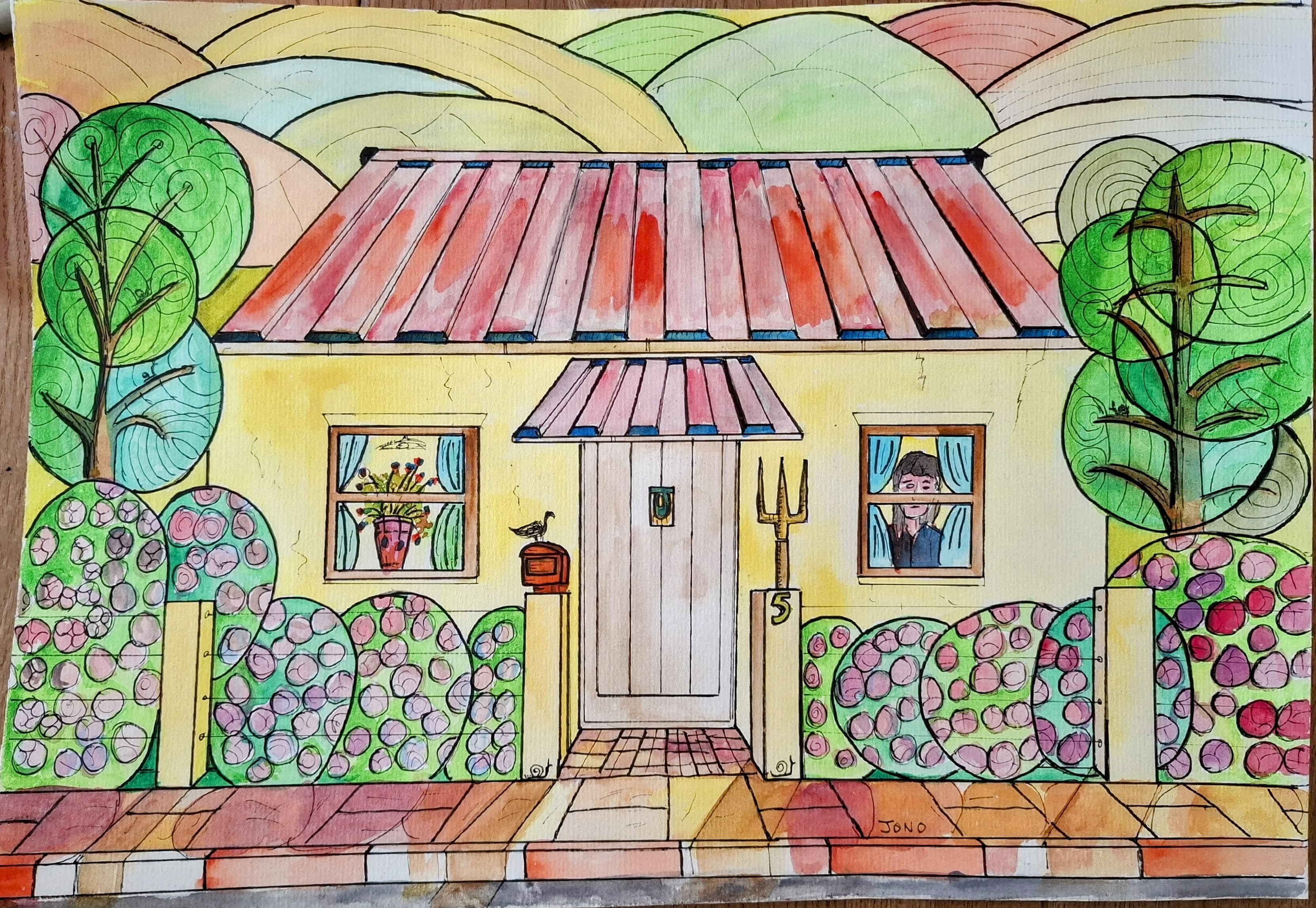 Suurbraak - watercolour of a village cottage with a man looking out of the window and a pitchfork by the door