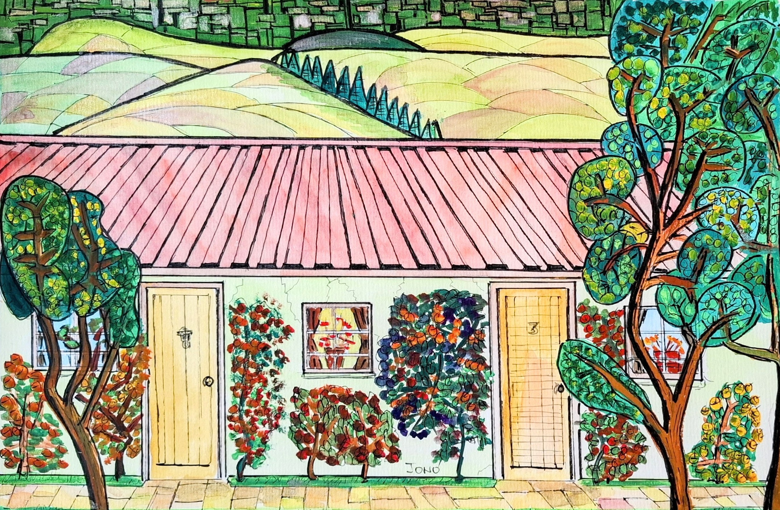Suurbraak - watercolour of a long cottage front with two doors, climbing shrubs and hills behind