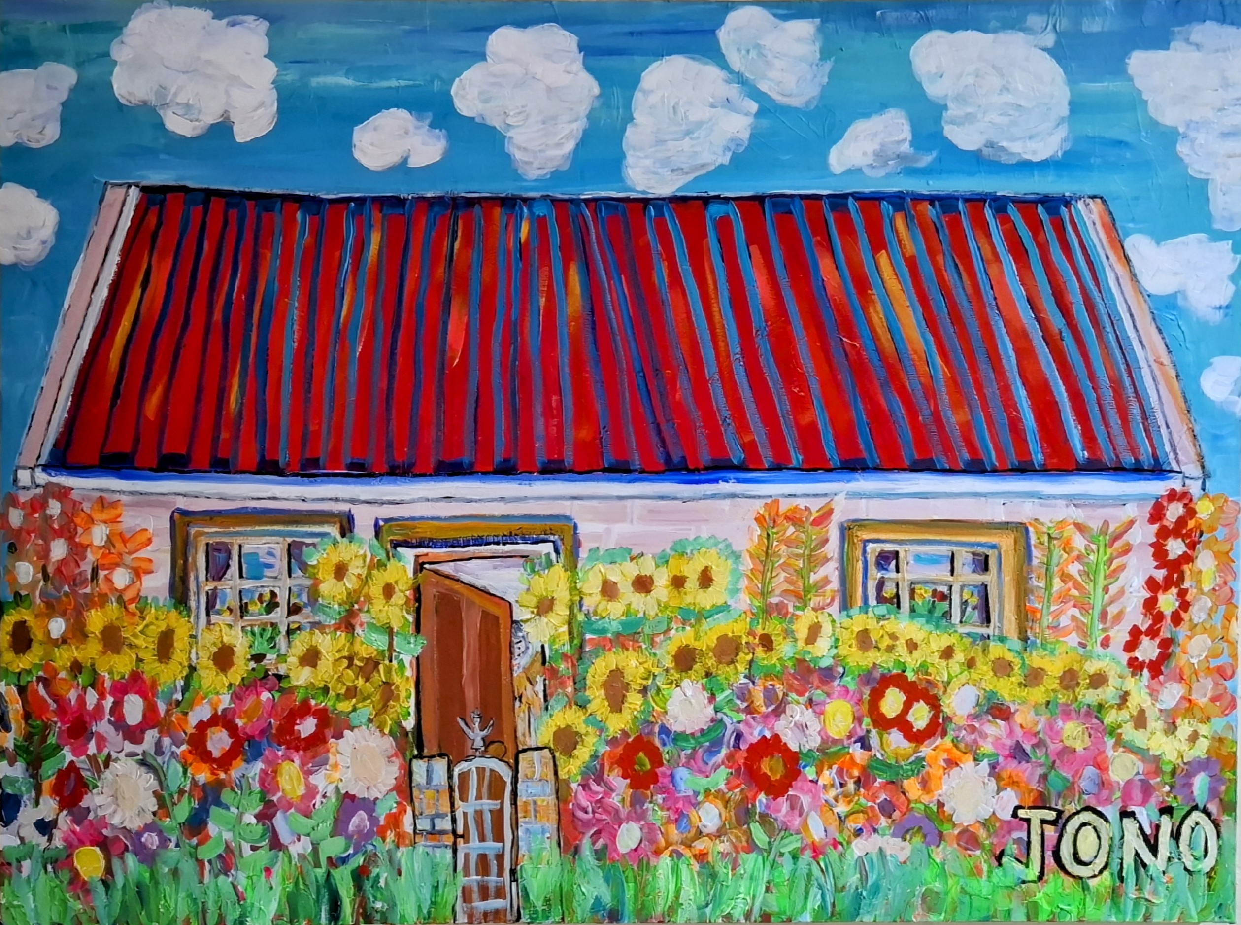 Suurbraak - acrylic painting of a cottage with a red corrugated roof behind a wall of flowers