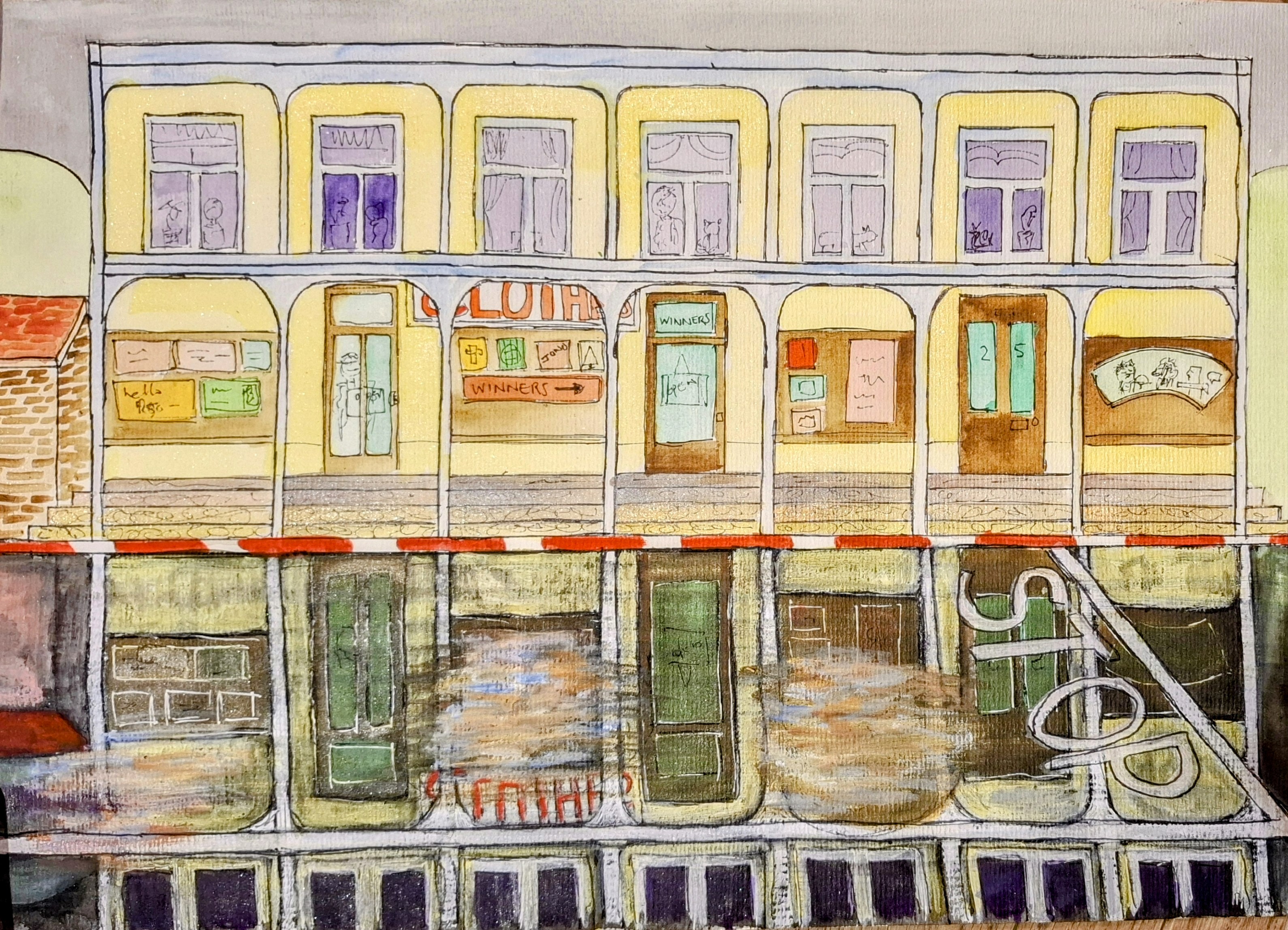 Swellendam - watercolour of a two storey Victorian shopfront held upside down in a wet road