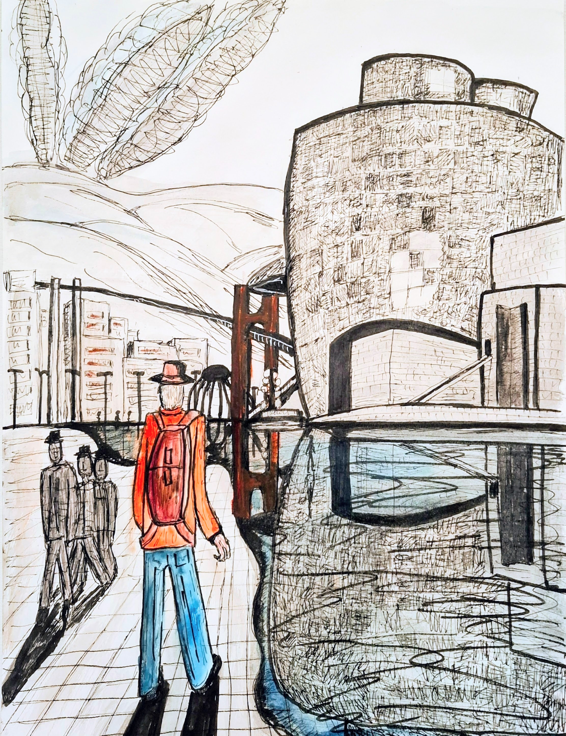 A Reflection on Know Where - ink and watercolour drawing