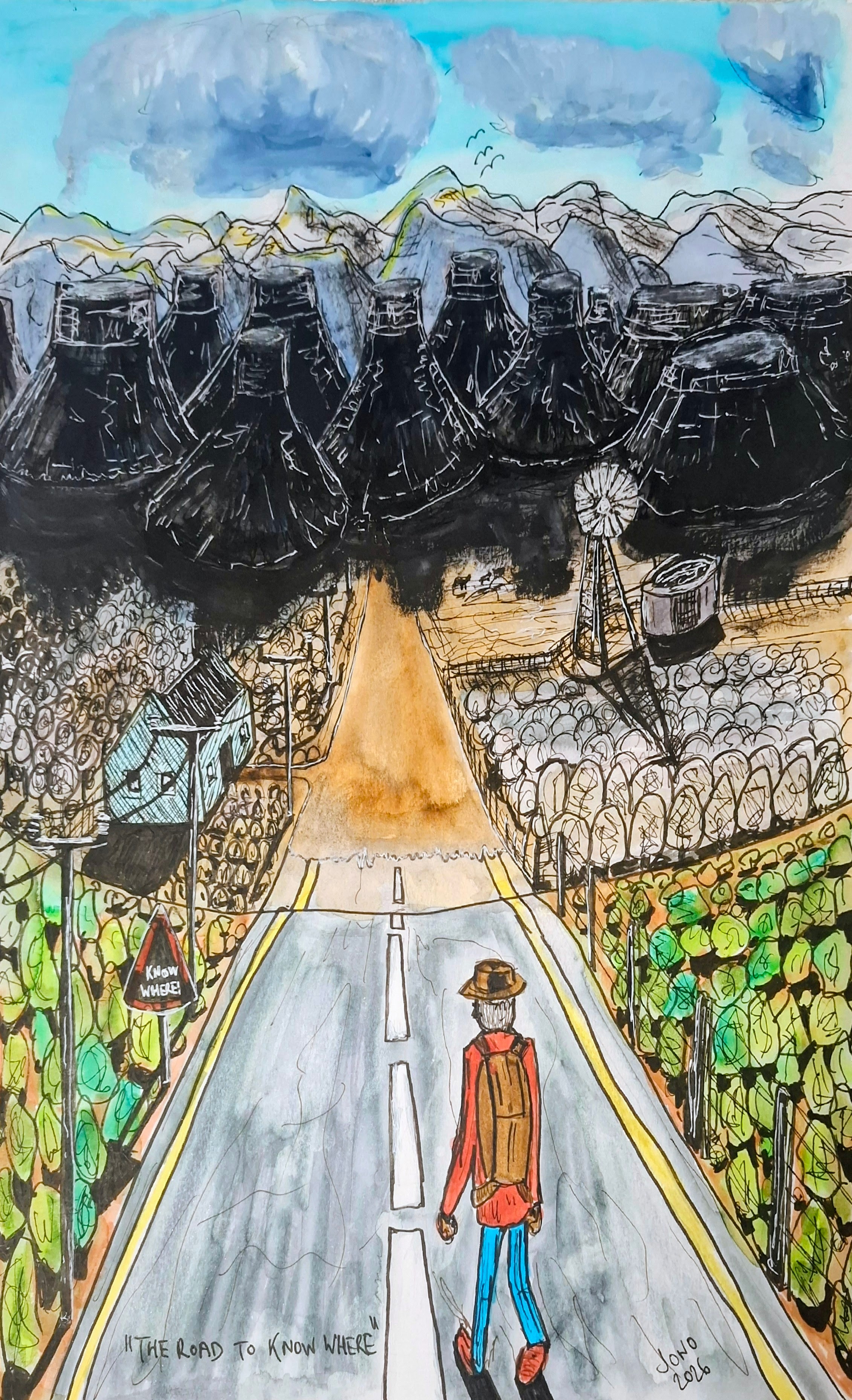The Road to Know Where Revisited - ink and watercolour drawing of the pilgrim walking the centre line of a road between vineyards, a KNOW WHERE sign at the verge