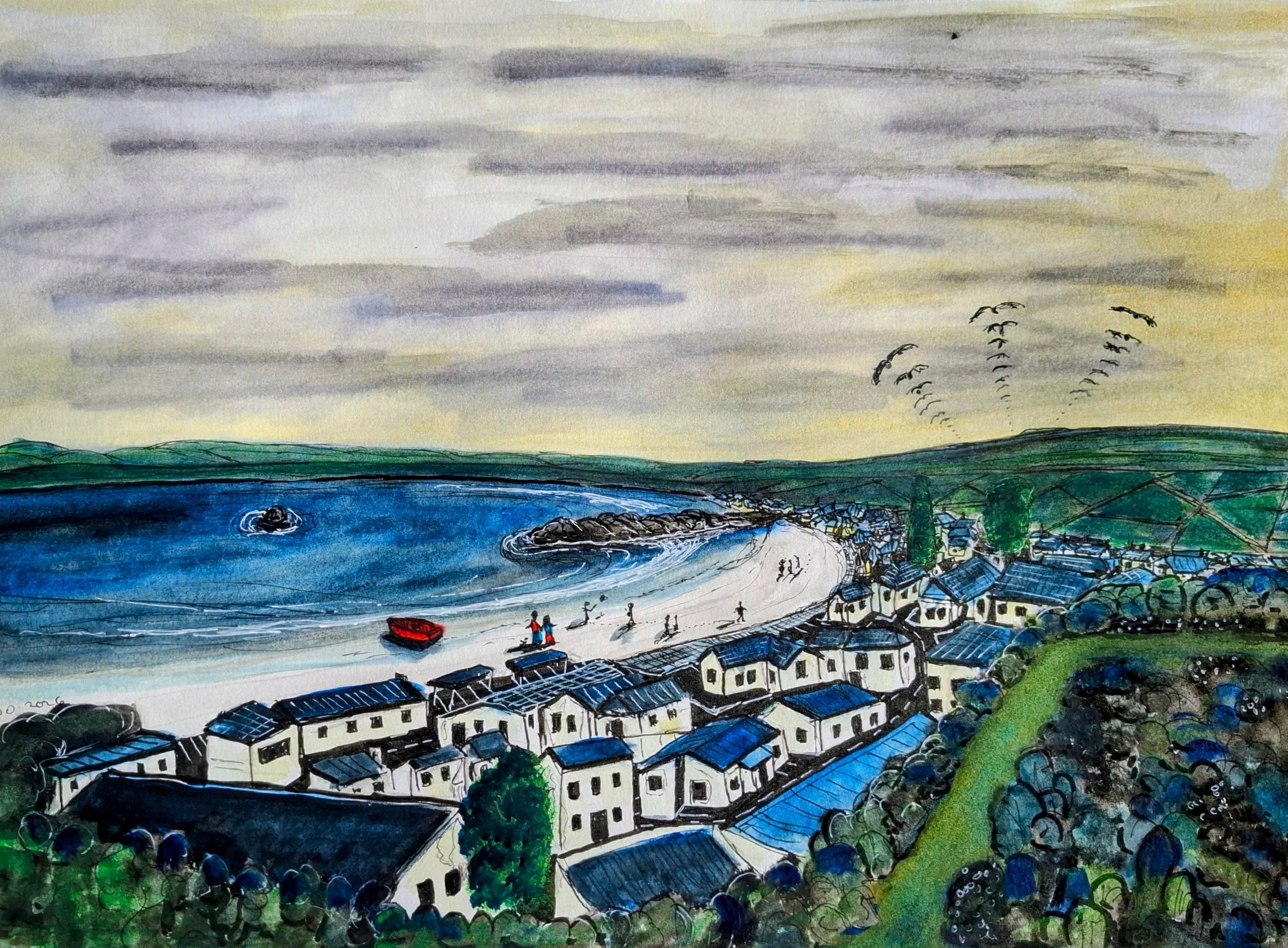 Above Paternoster watercolour of the village seen from the hill above the bay