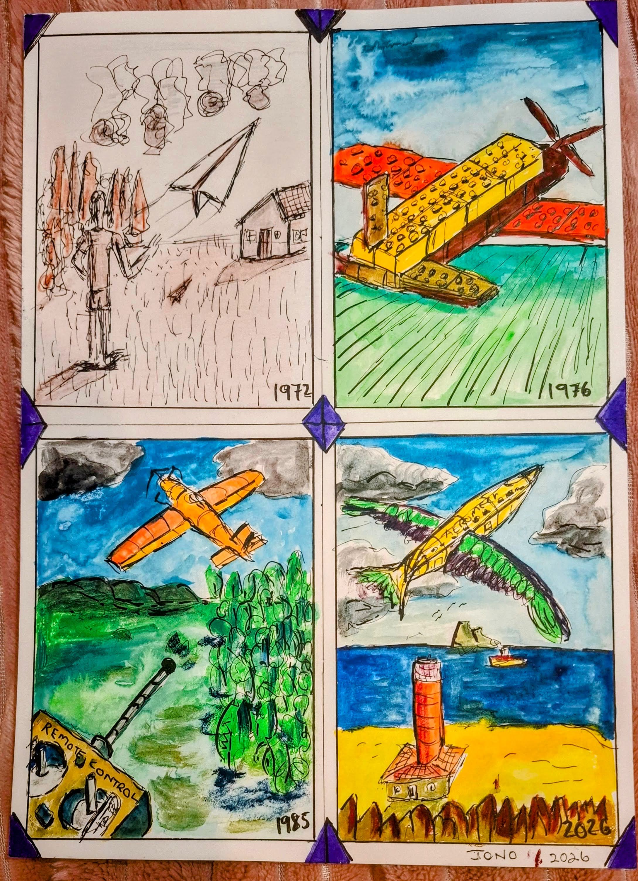 Aeromechanica Chocolatus Evolution, four panels held in purple photo corners dated 1972, 1976, 1985 and 2026