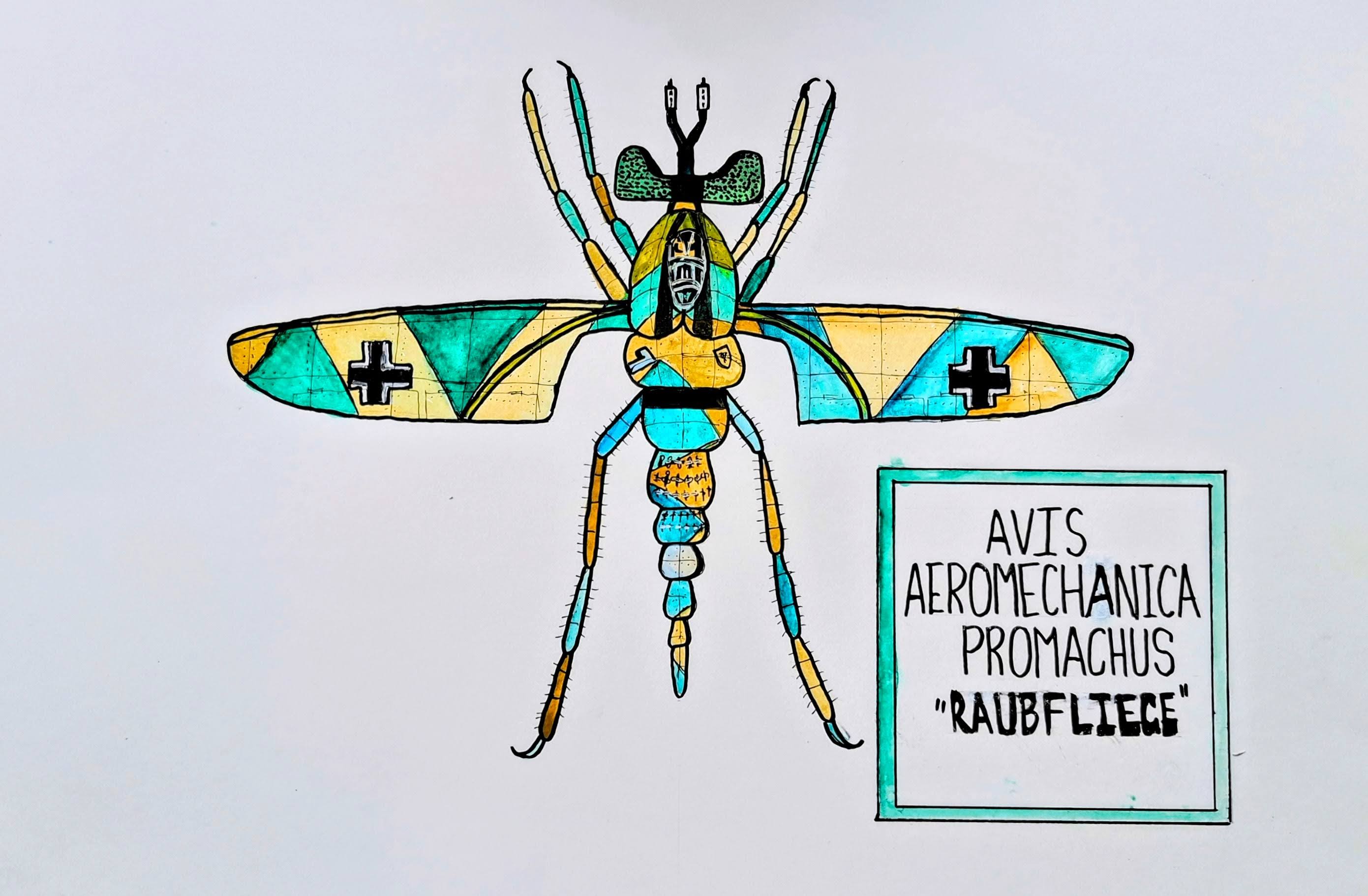 Avis Aeromechanica Promachus, a second robber fly sheet in teal and ochre with Balkenkreuze