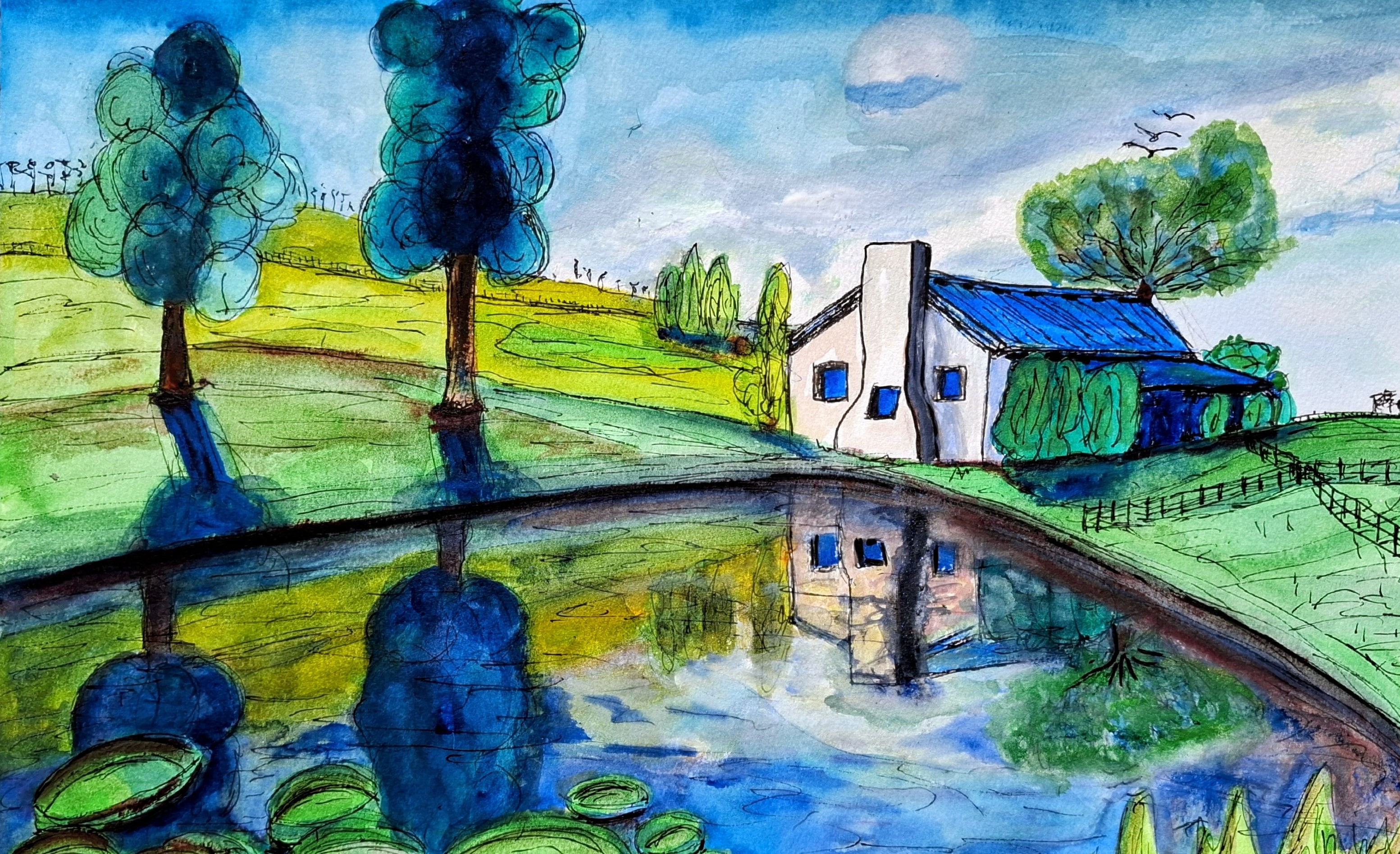 Hemelsbreed, a watercolour of a farmhouse reflected in a dam near Greyton