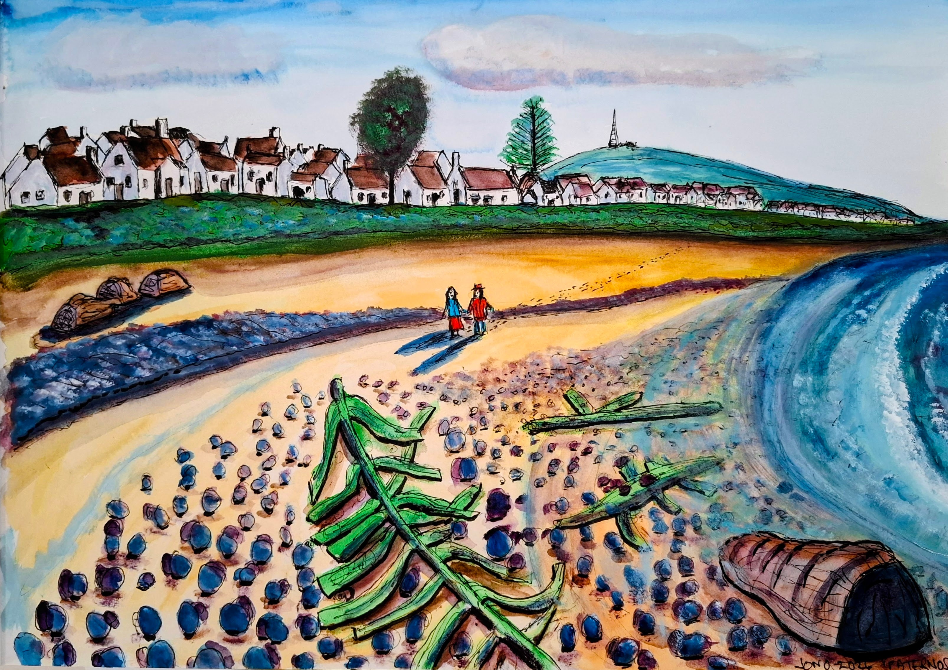 Paternoster watercolour of the beach, the white village on the ridge and two walkers on the path