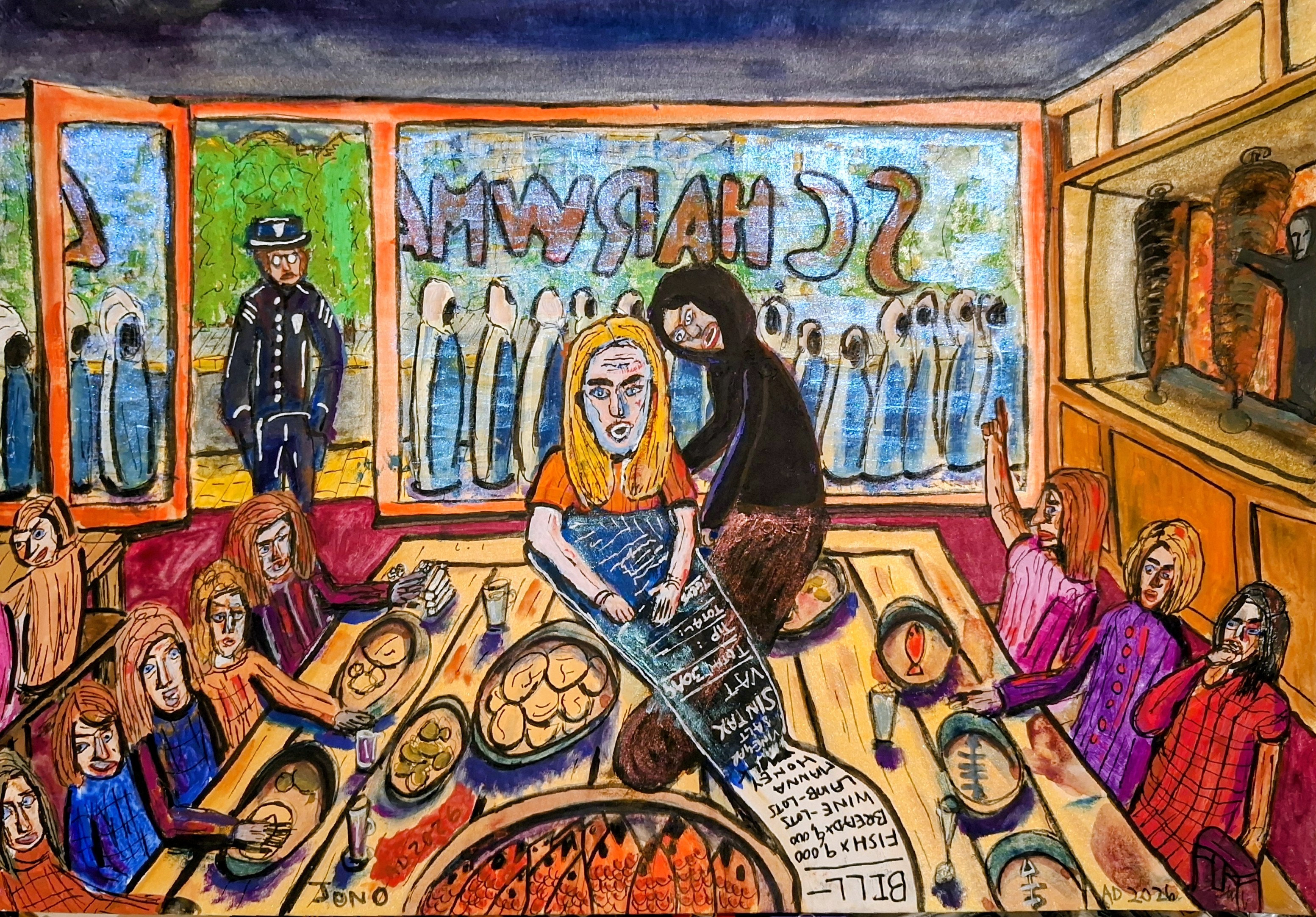 The Reckoning 3, a watercolour of the same shawarma shop in mirror image, a fair-haired figure unrolling the full itemised bill while a hooded figure leans in over their shoulder and a queue waits outside the window