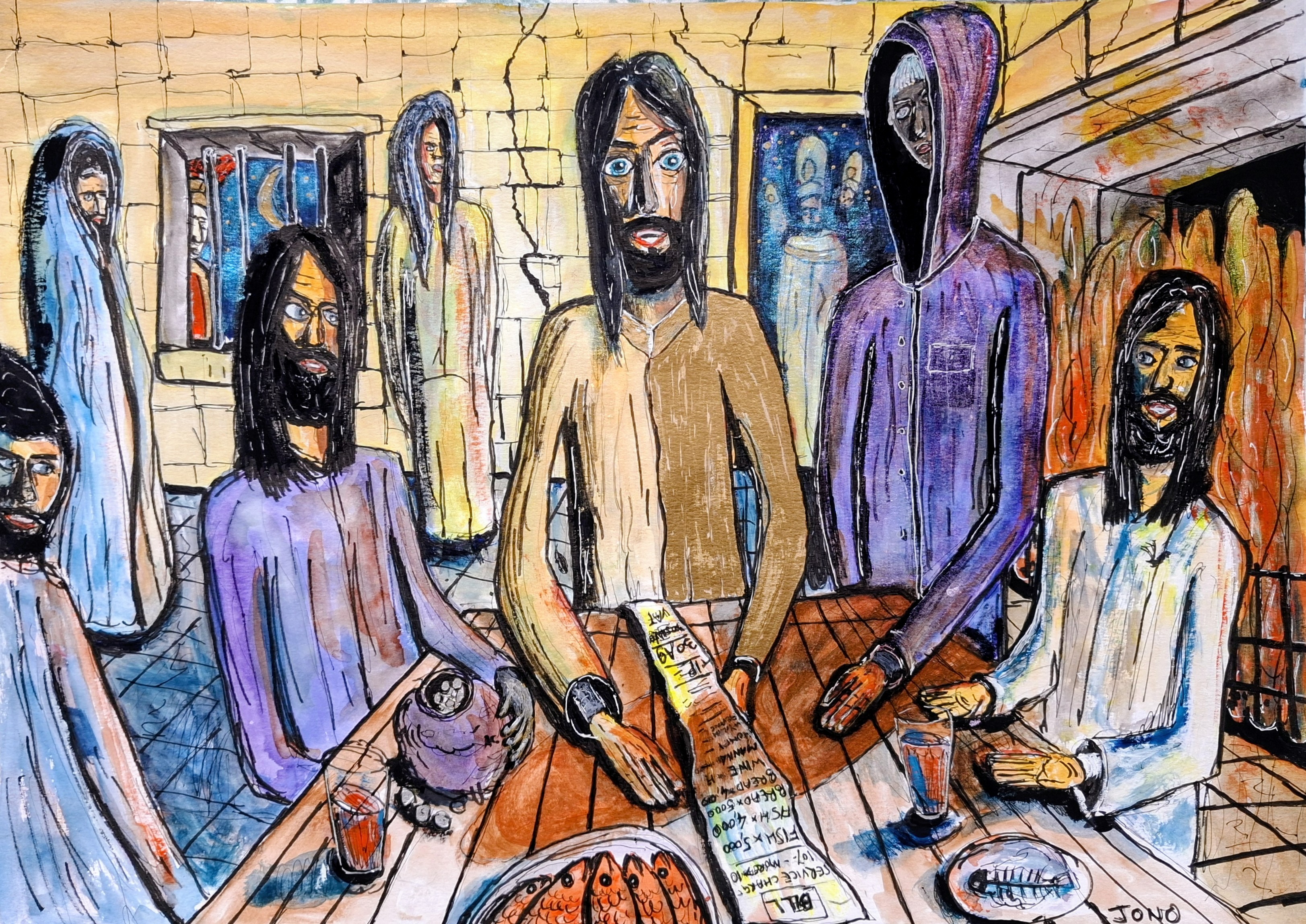 The Reckoning watercolour, a long-haired figure at a table holding out a long itemised bill while the others around him look on